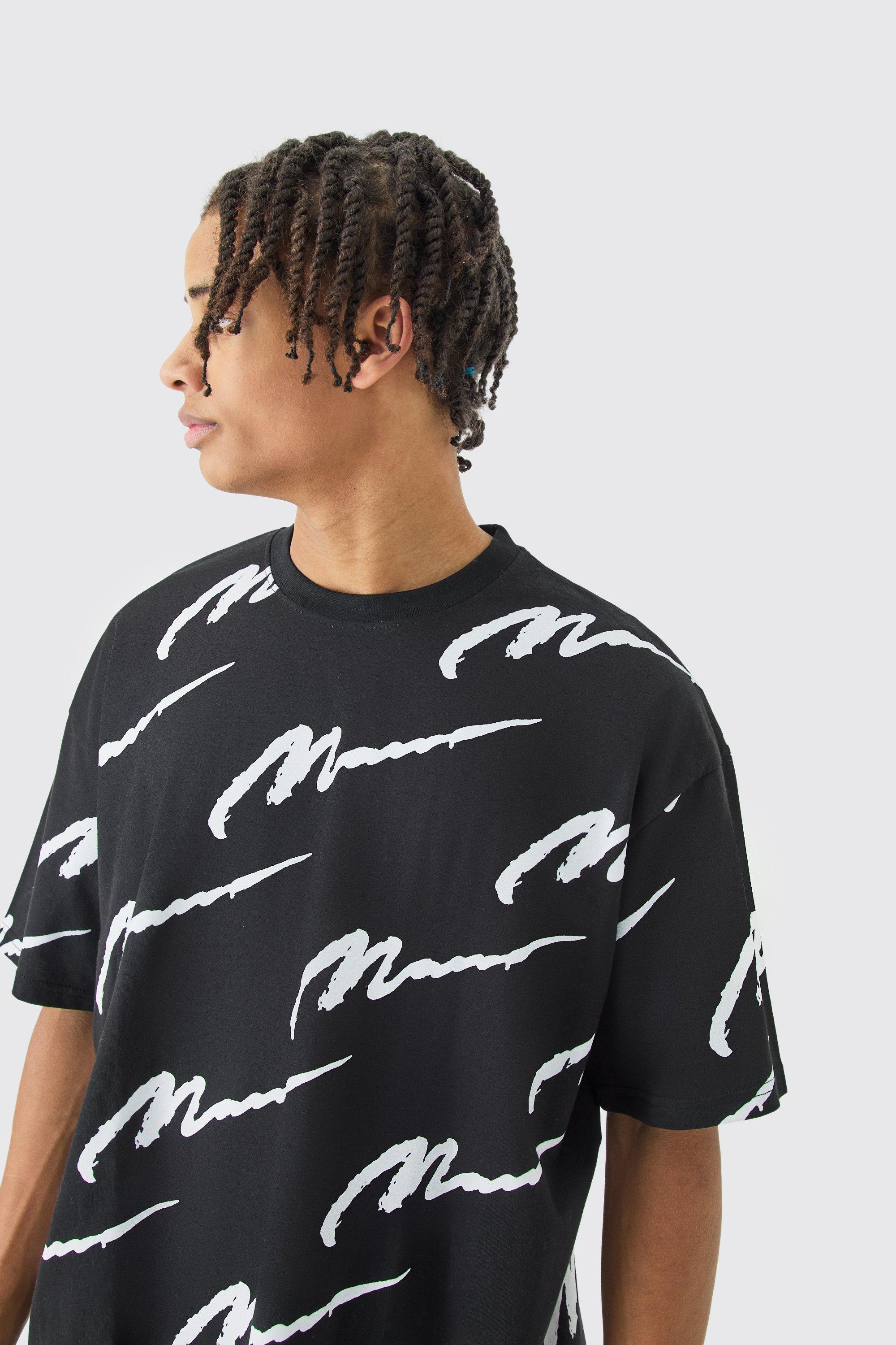 Image of T-shirt oversize con stampa Man all over, Nero