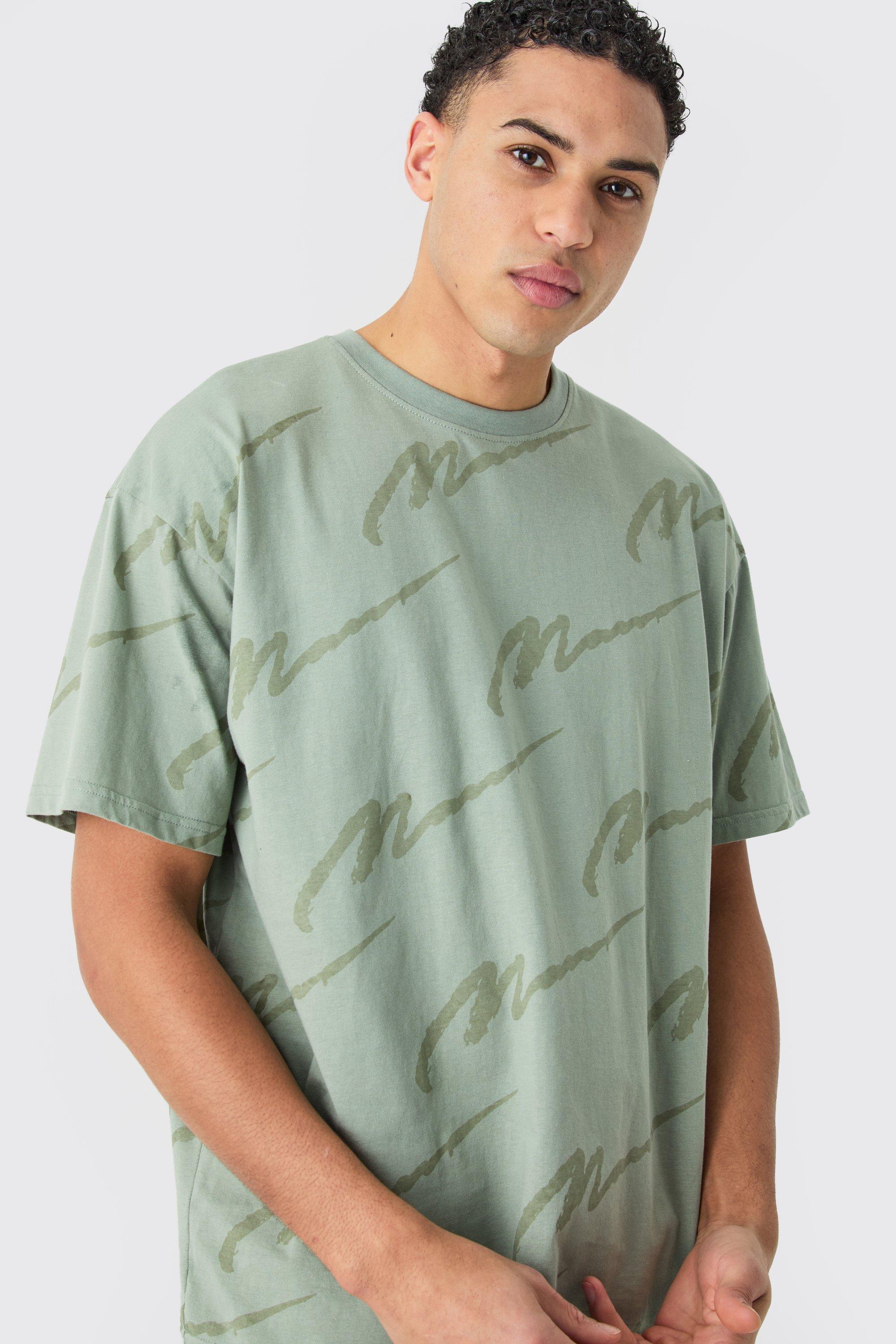 Mens Green Man Signature All Over Print Oversized Tshirt, Green