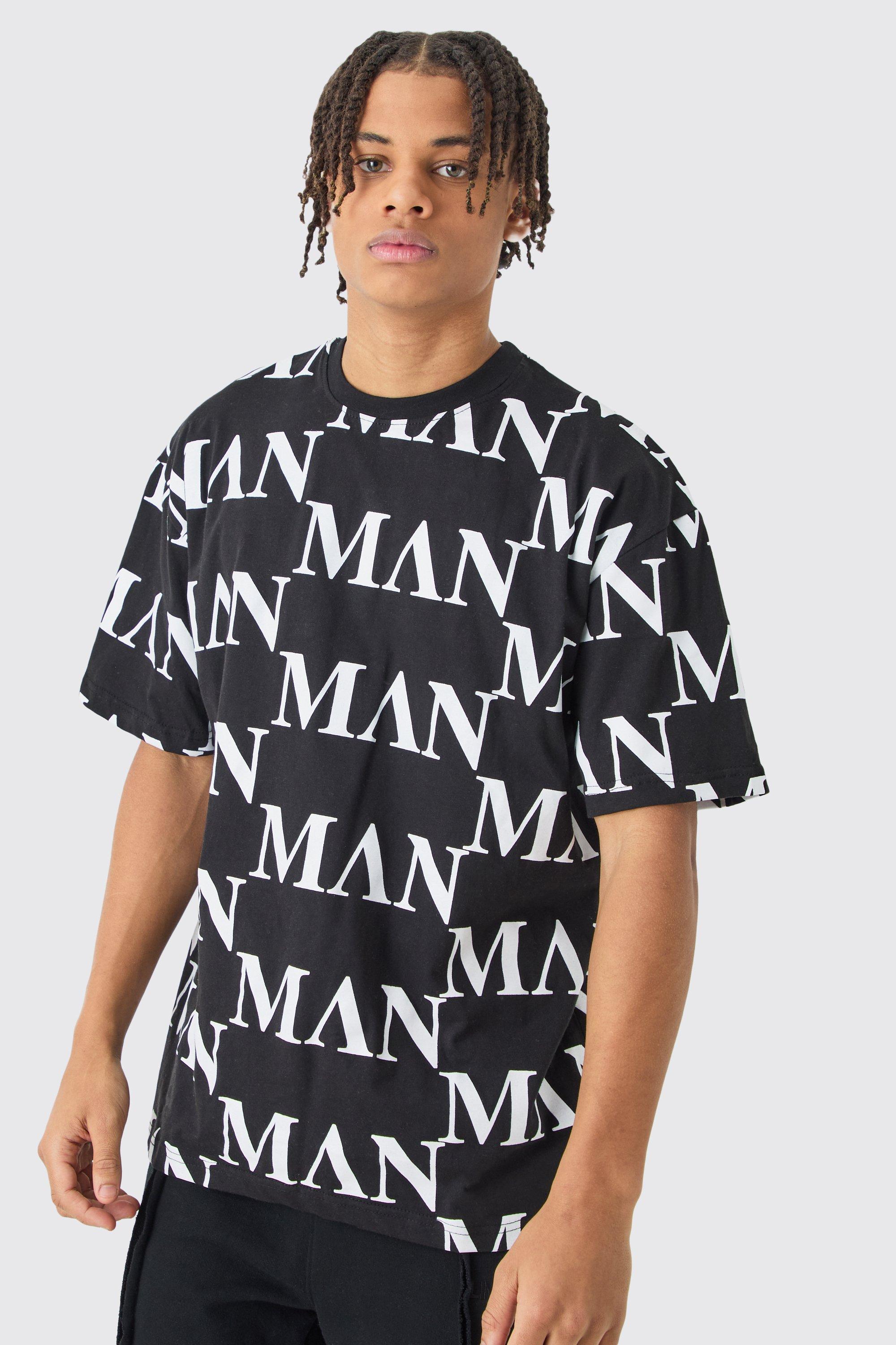 Image of T-shirt oversize Man con stampa romana all over, Nero
