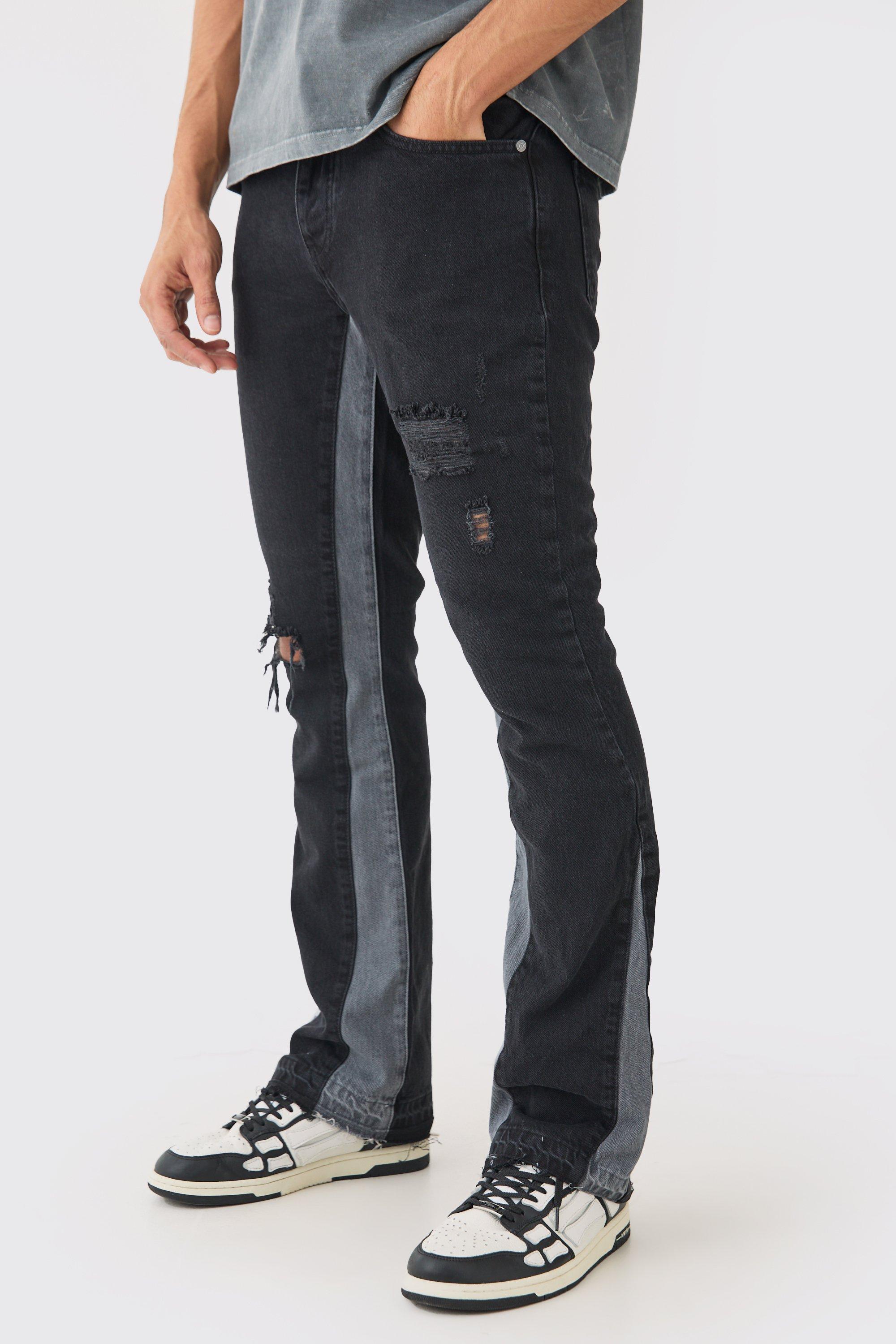 Image of Jeans a zampa Slim Fit con pannelli e smagliature, Nero