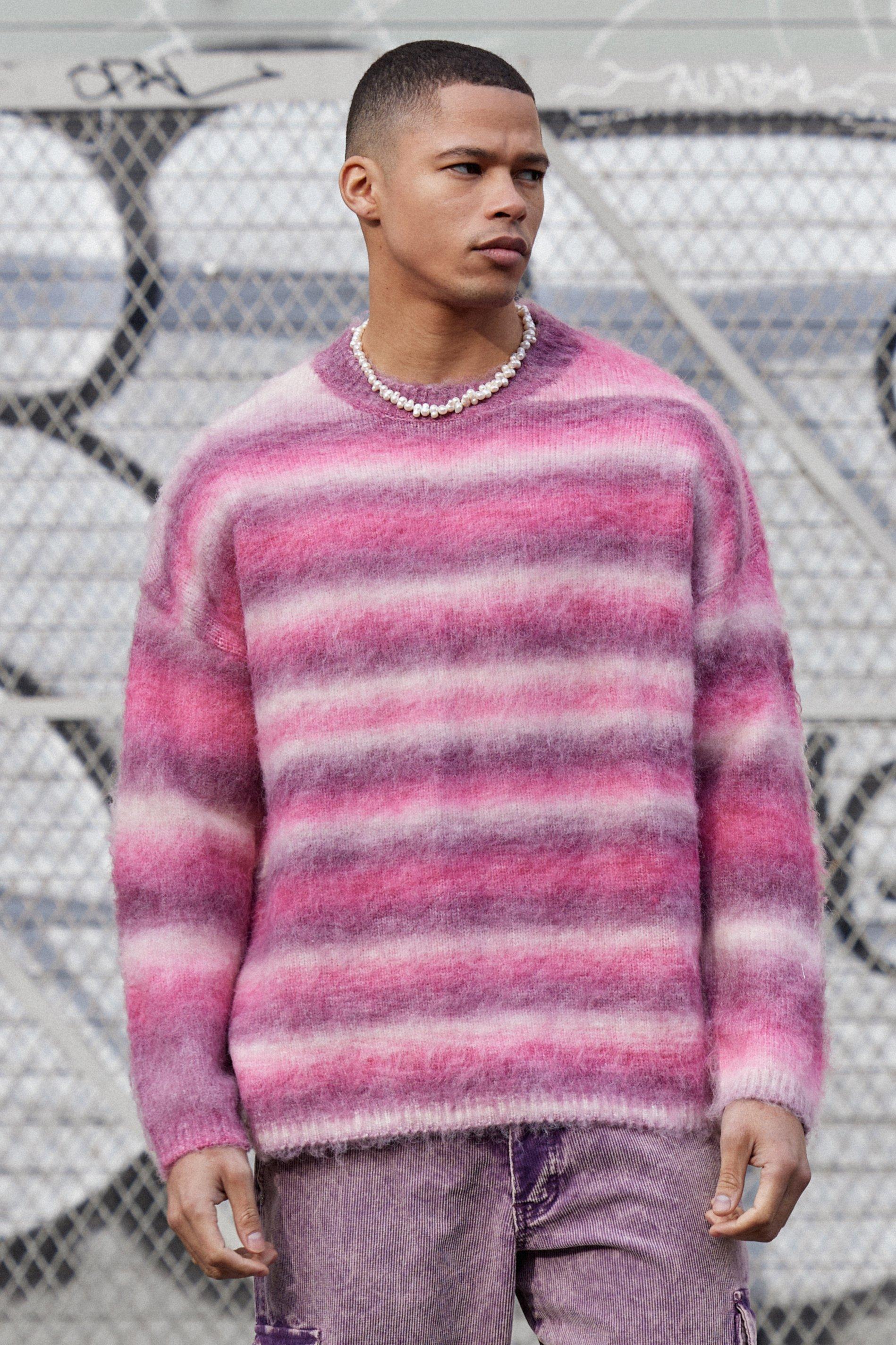 Image of Felpa in maglia spazzolata Regular Fit a righe rosa, Pink