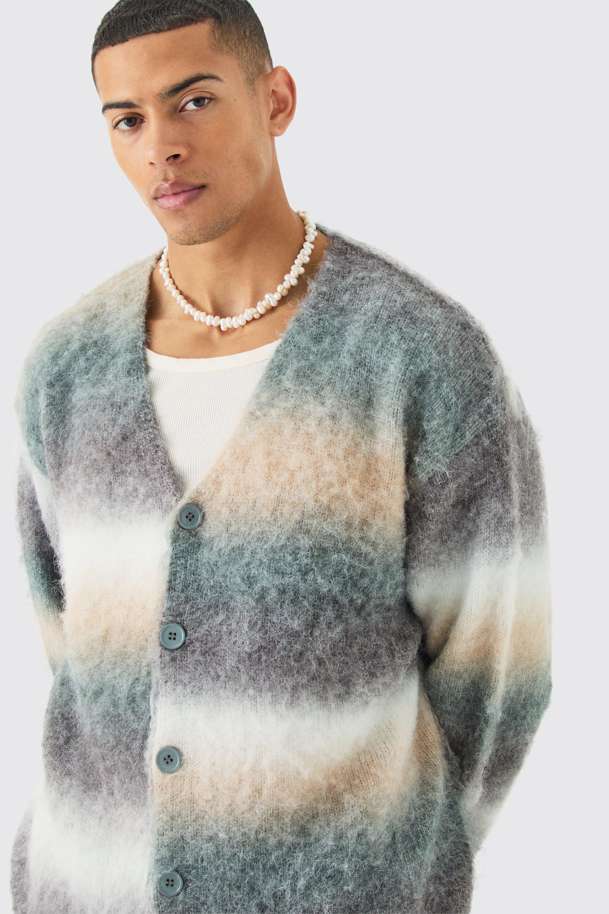 Mens Green Boxy Fit Knitted Brushed Stripe Cardigan, Green