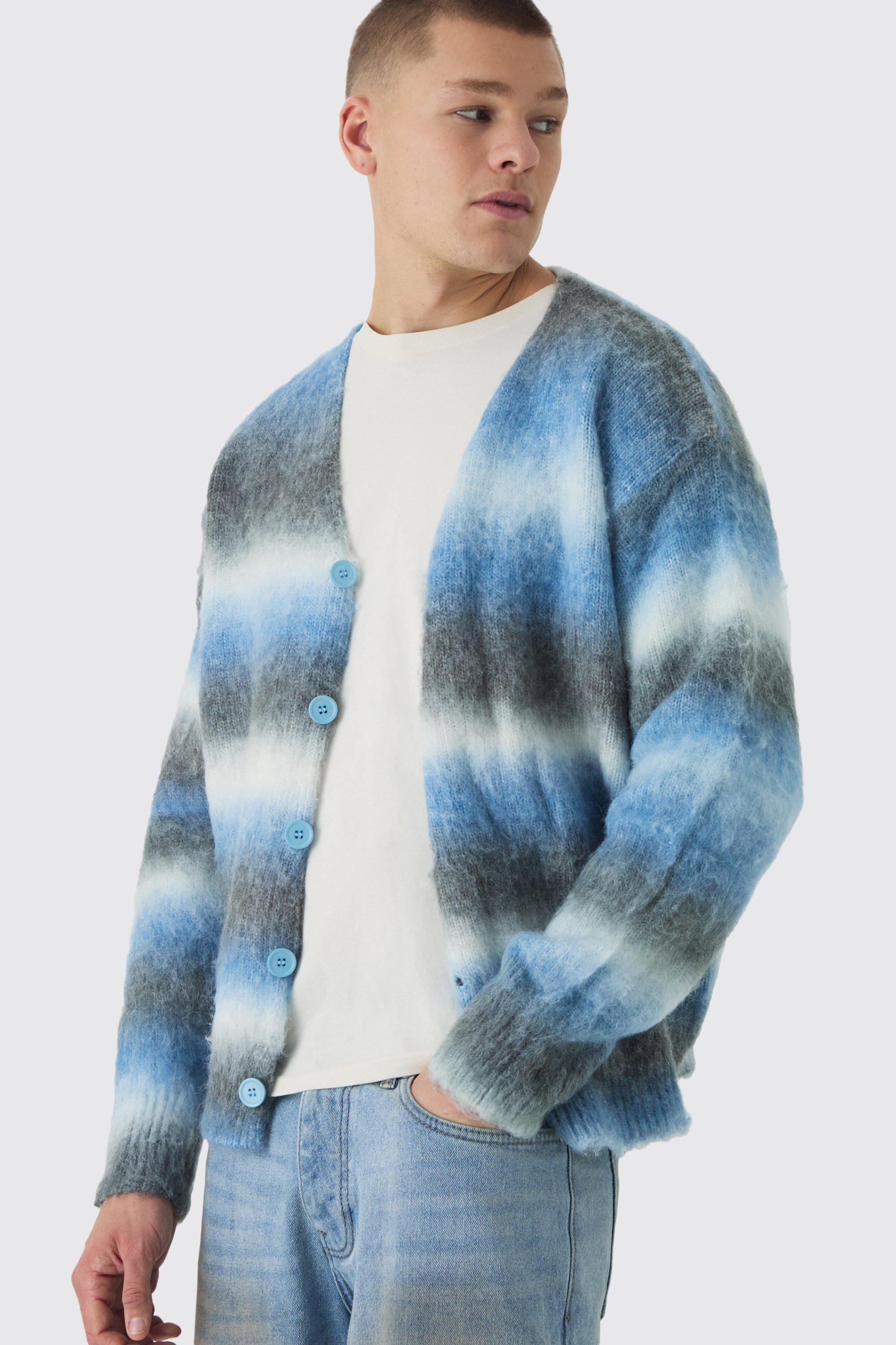 Cardigan squadrato in maglia spazzolata a righe blu, Azzurro