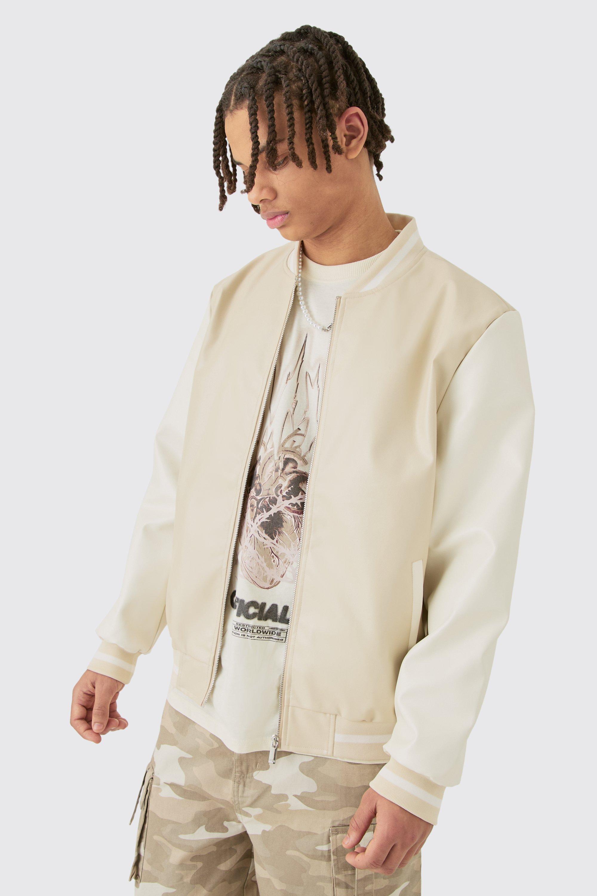 Mens Plain PU Varsity Jacket In Beige, Beige