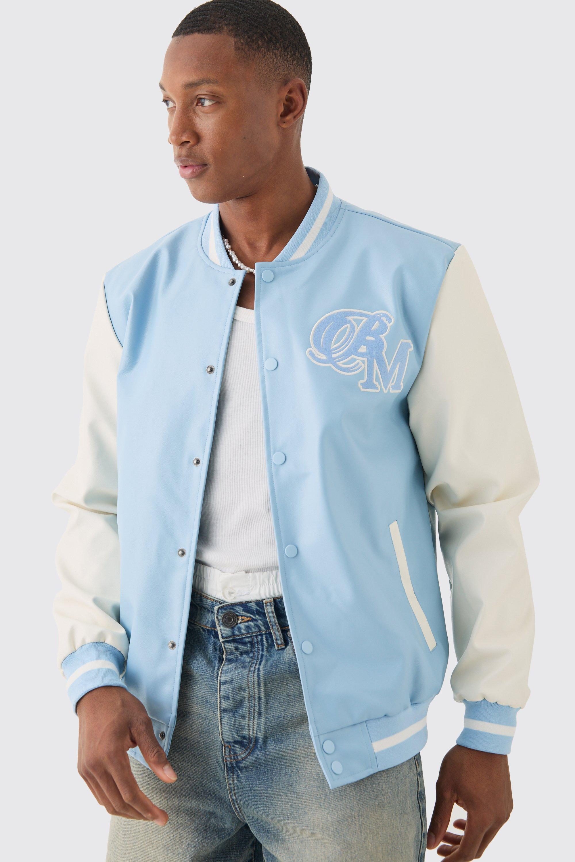 Mens PU Badge Varsity Jacket In Light Blue, Blue