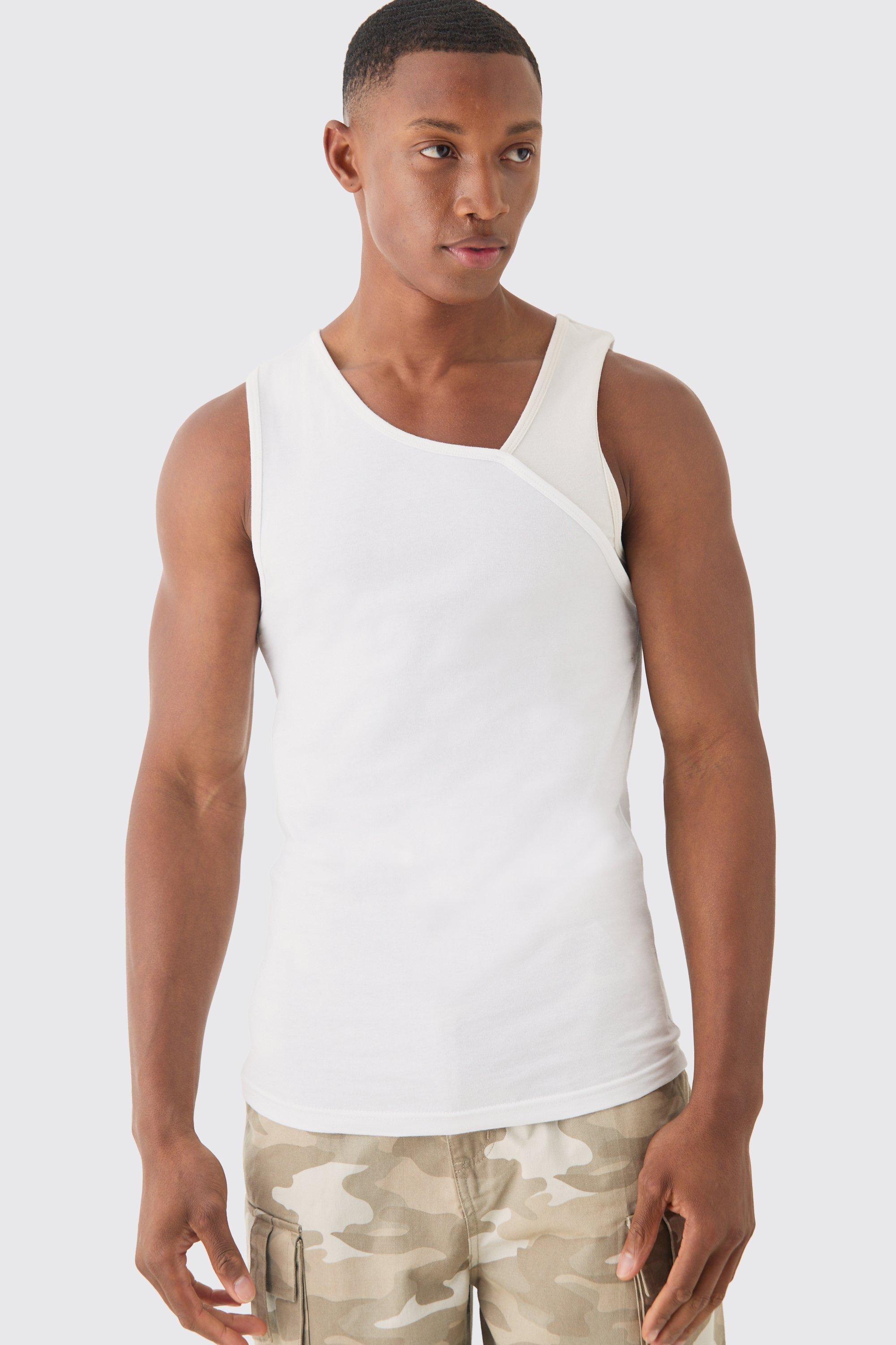 Mens White Slim Rib Contrast Panel Vest, White