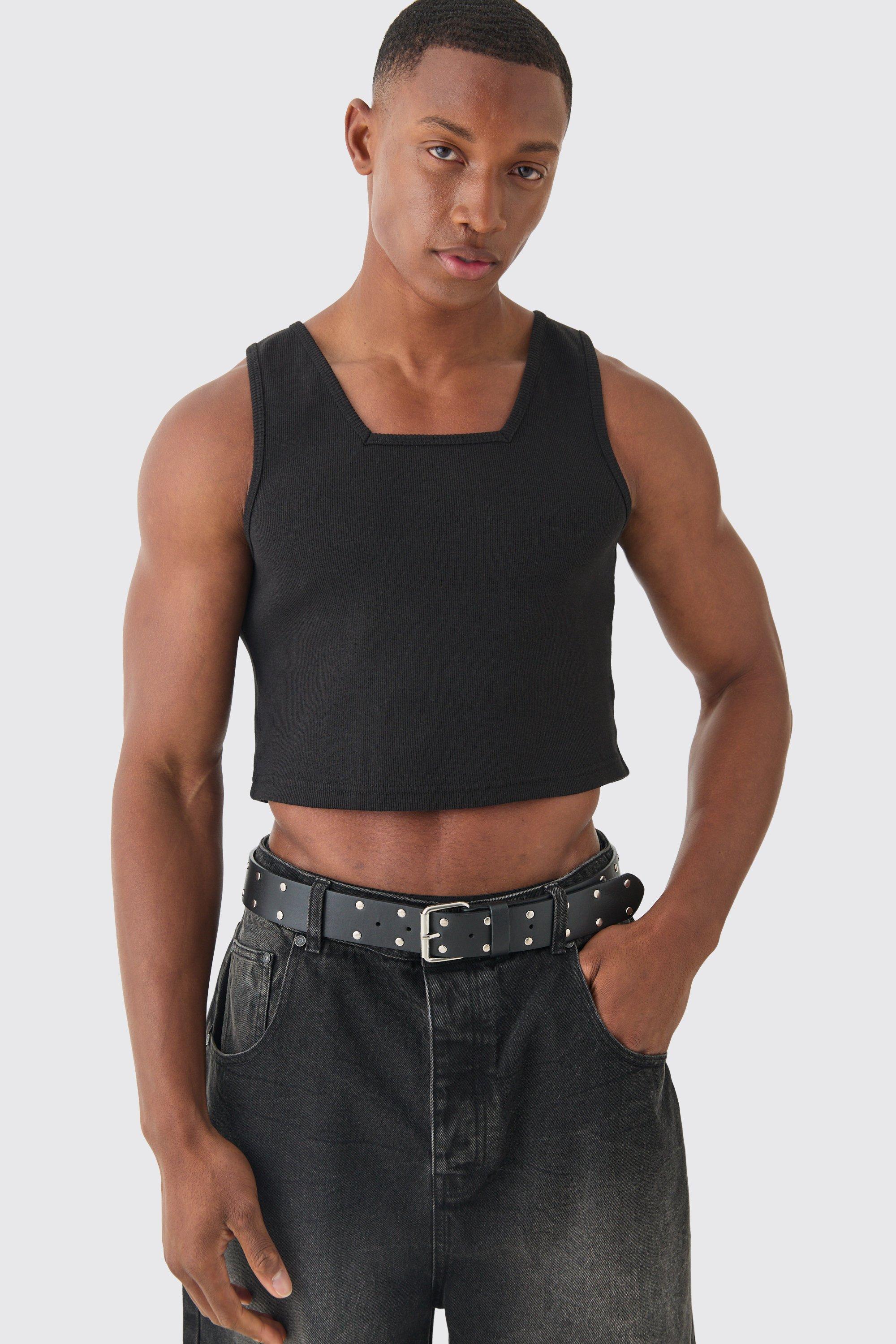 Mens Black Slim Cropped Square Neck Interlock Vest, Black