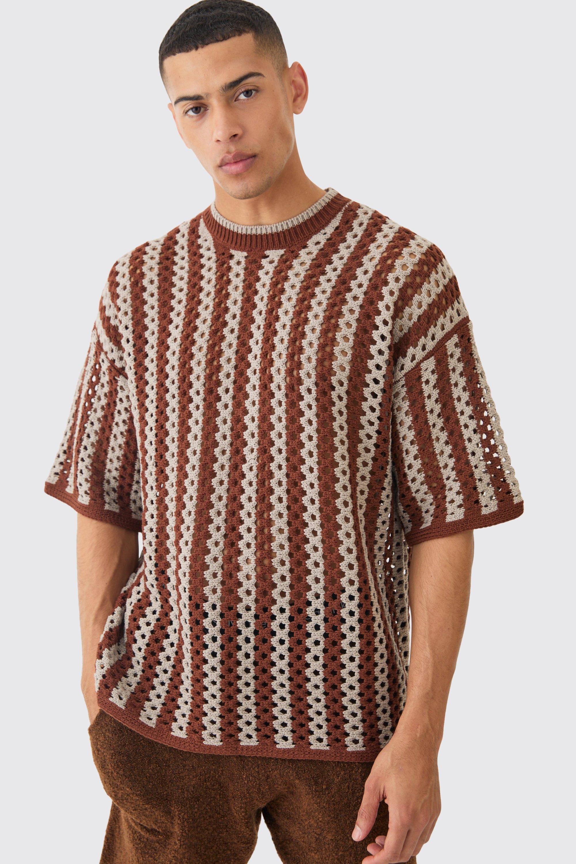 T-shirt oversize a righe traforate, Brown