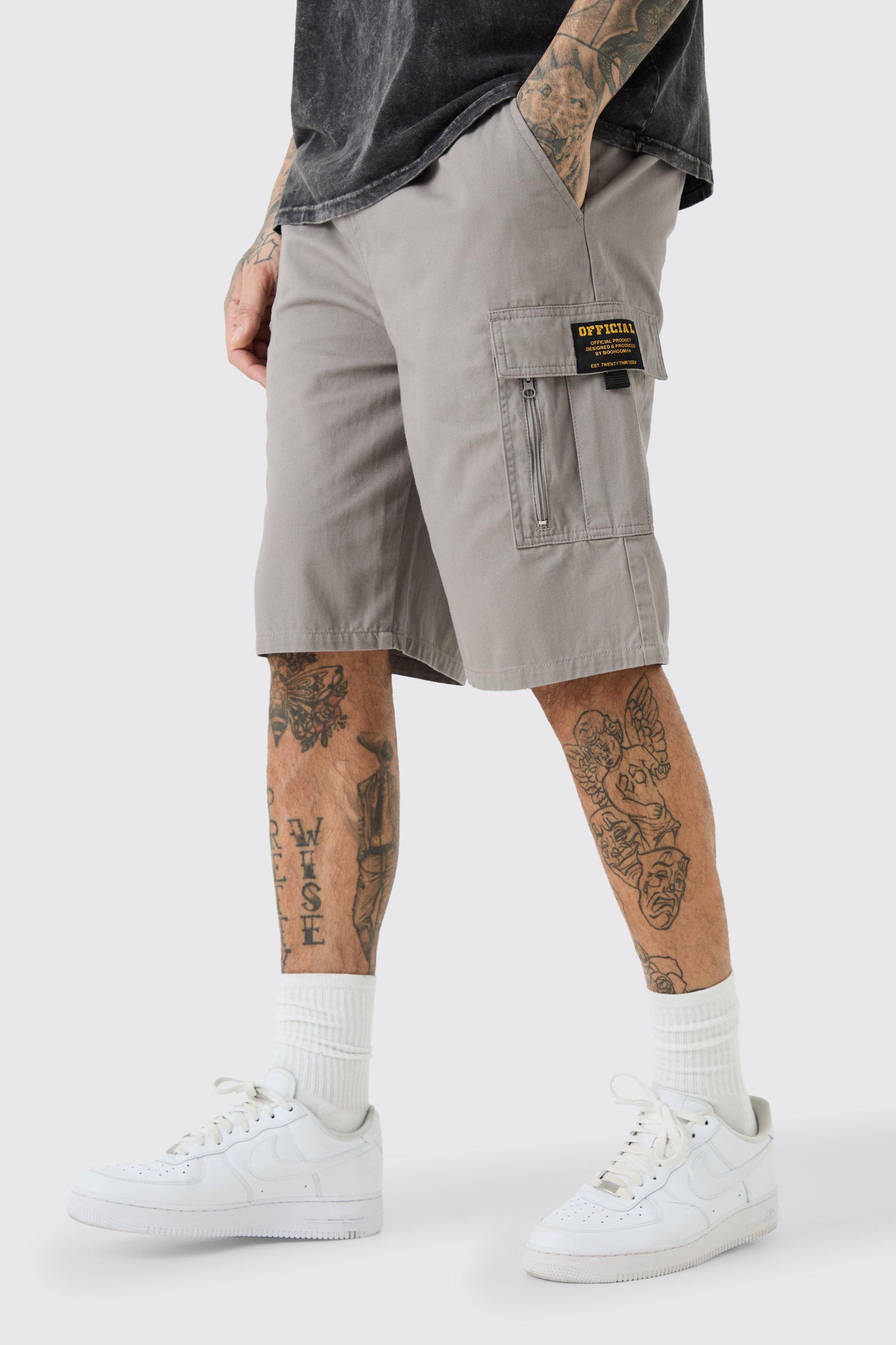 Mens Grey Tall Fixed Waist Twill Relaxed Cargo Zip Detail Tab Short, Grey