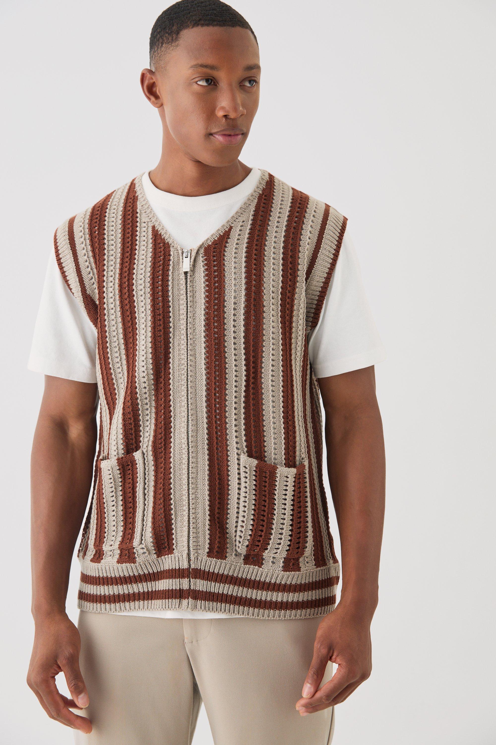 Womens Regular Fit Zip Through Open Knit Stripe Gilet - Brown - M, Brown