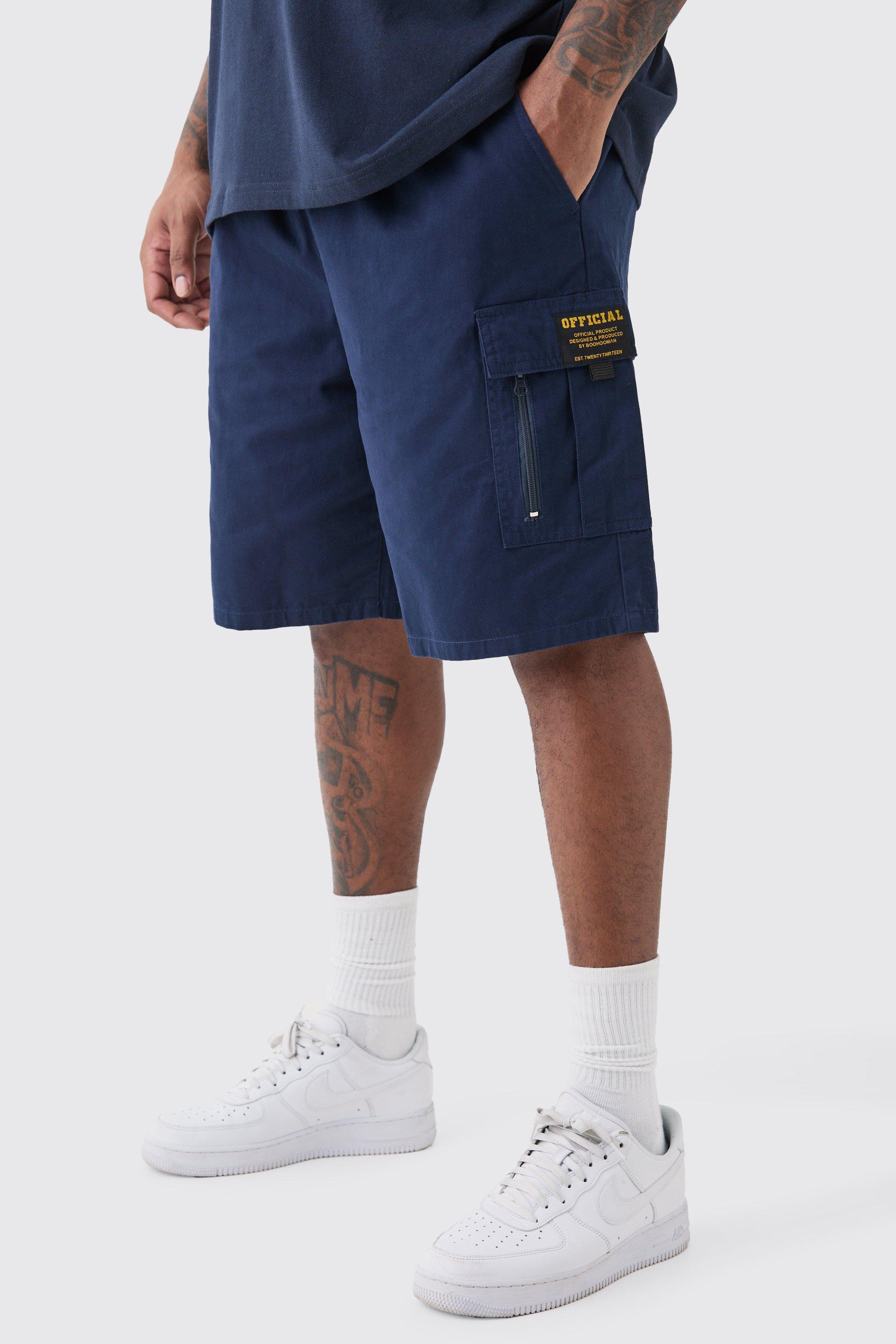 Image of Plus Fixed Waist Twill Relaxed Cargo Zip Detail Tab Short, Navy