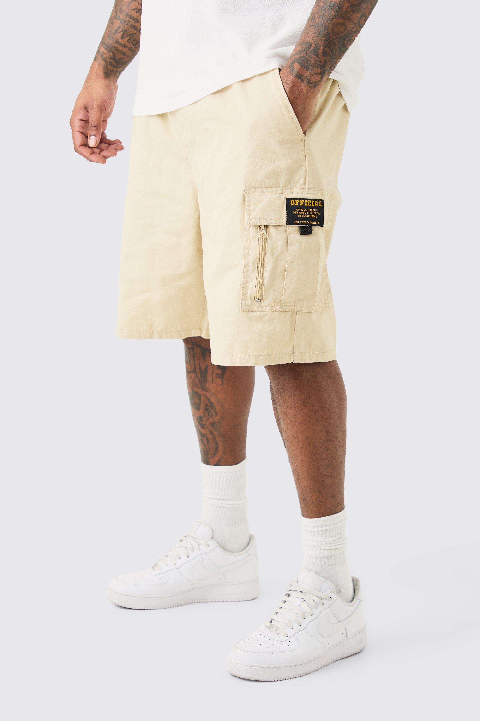 Image of Plus Fixed Waist Twill Relaxed Cargo Zip Detail Tab Short, Beige