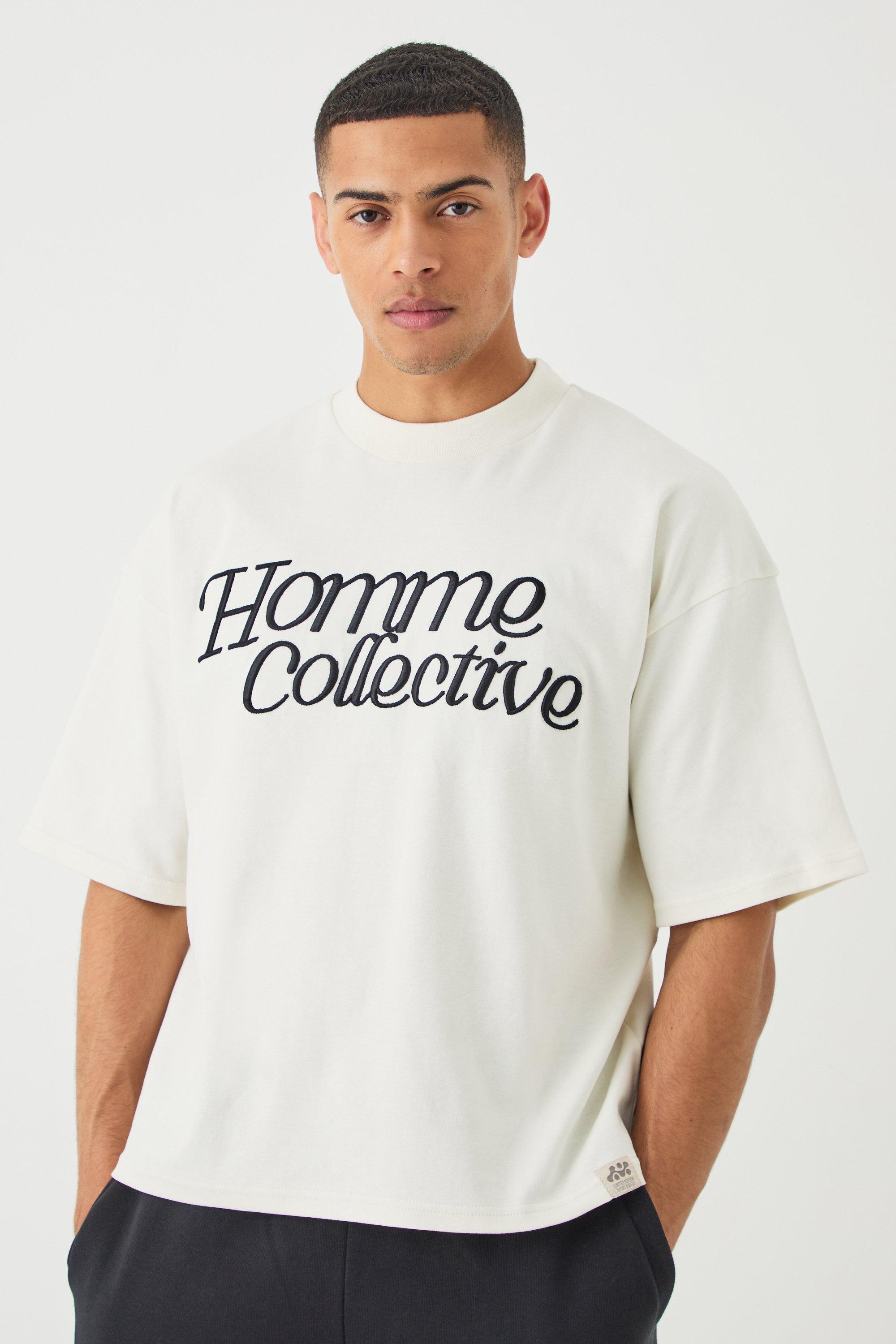 Image of Oversized Boxy Heavyweight Homme Embroidered T-shirt, Cream