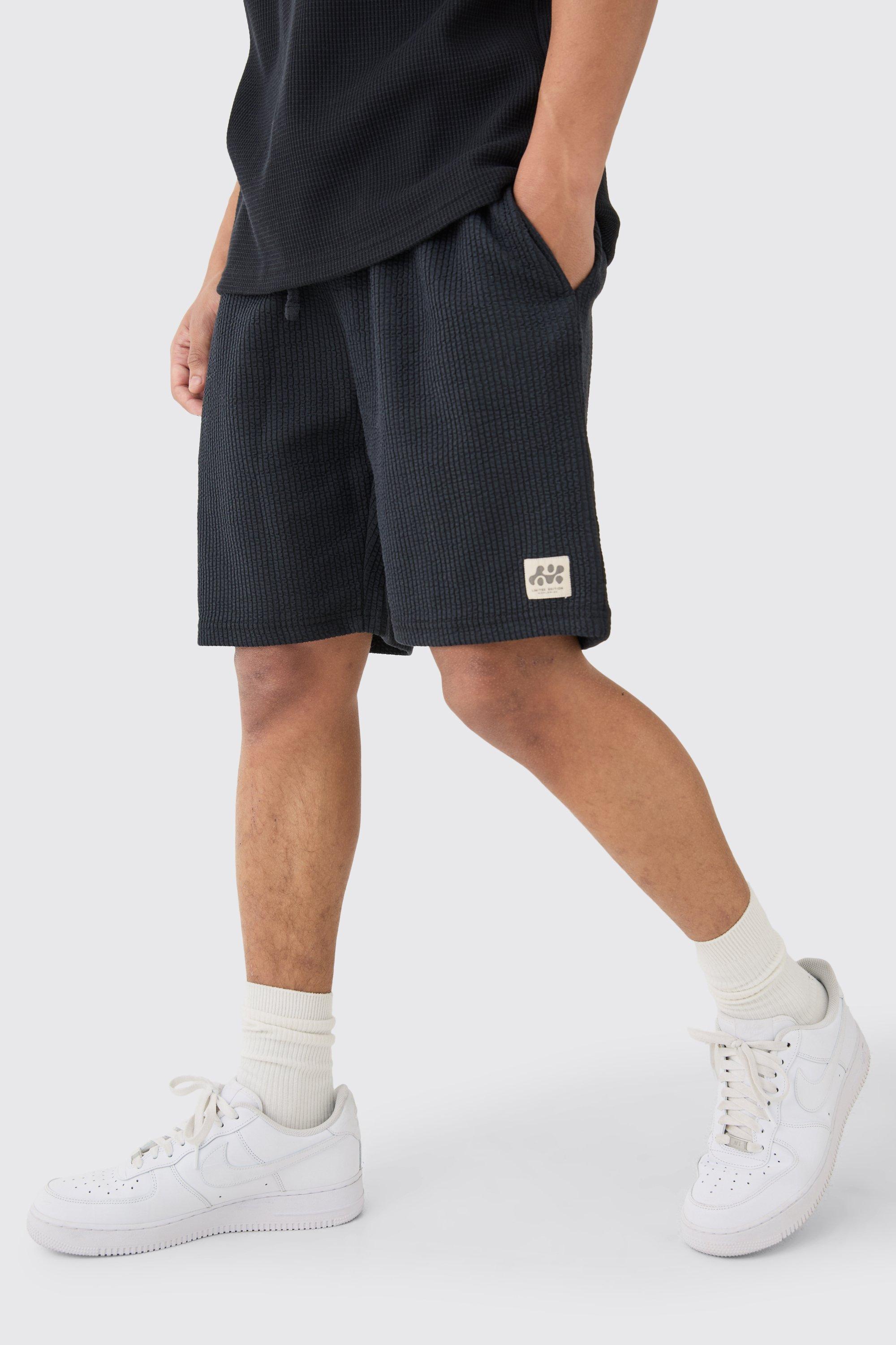 Mens Black Relaxed Mid Length Textured Short With Woven Tab, Black