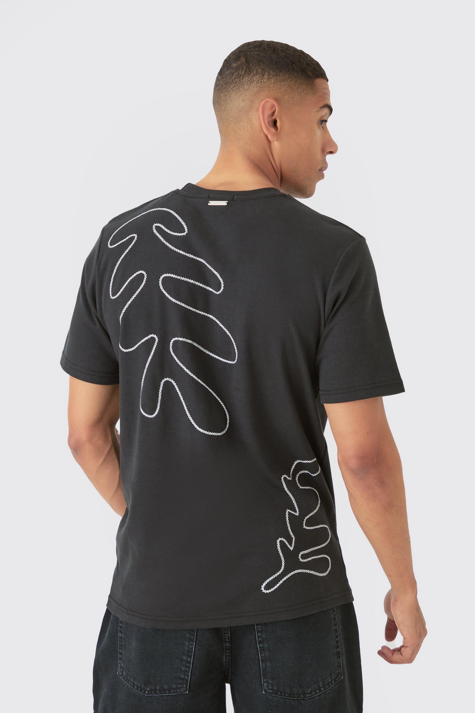 T-shirt pesante con cuciture a catena e palme, Nero