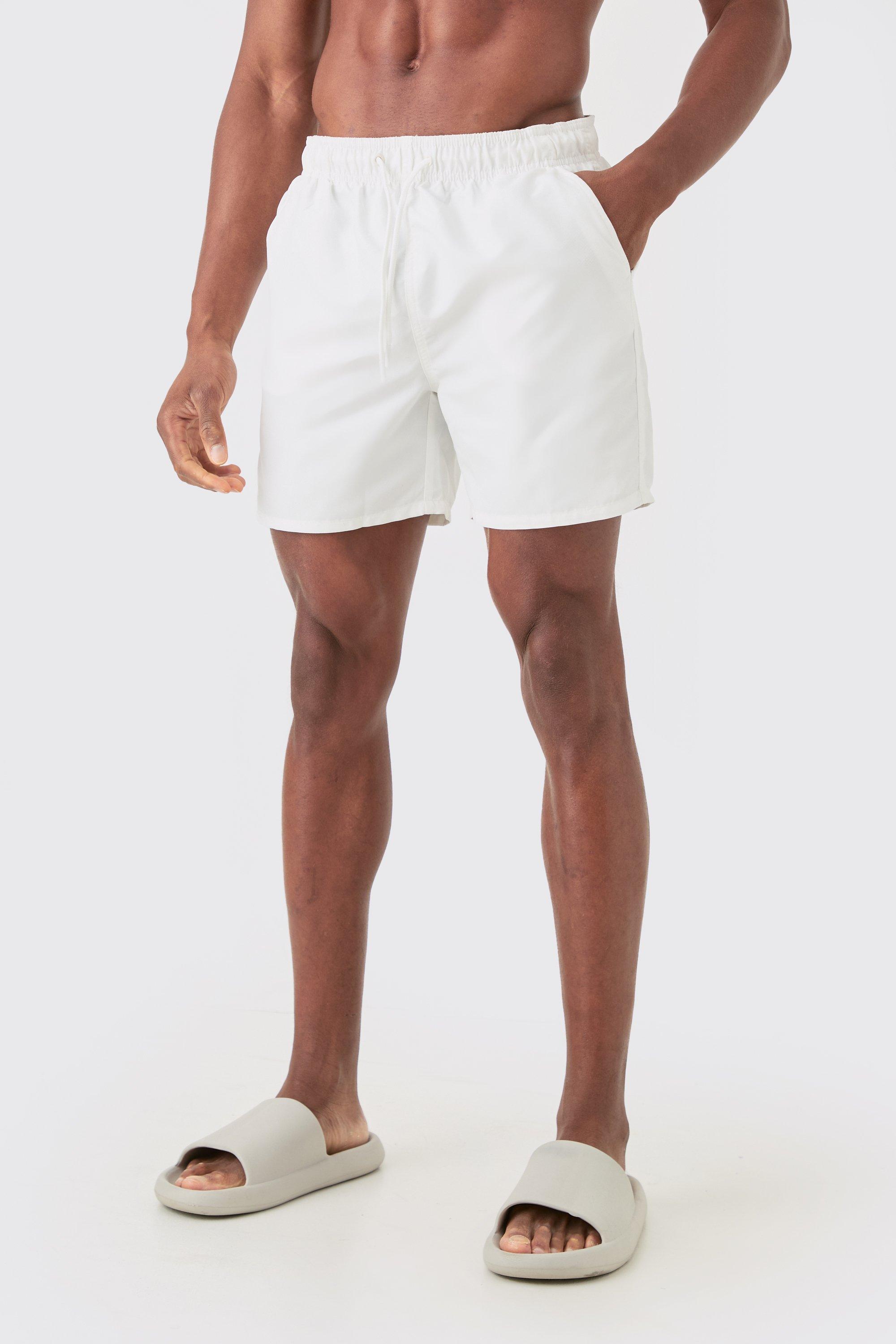 Mens White Plain Mid Length Swim Short, White