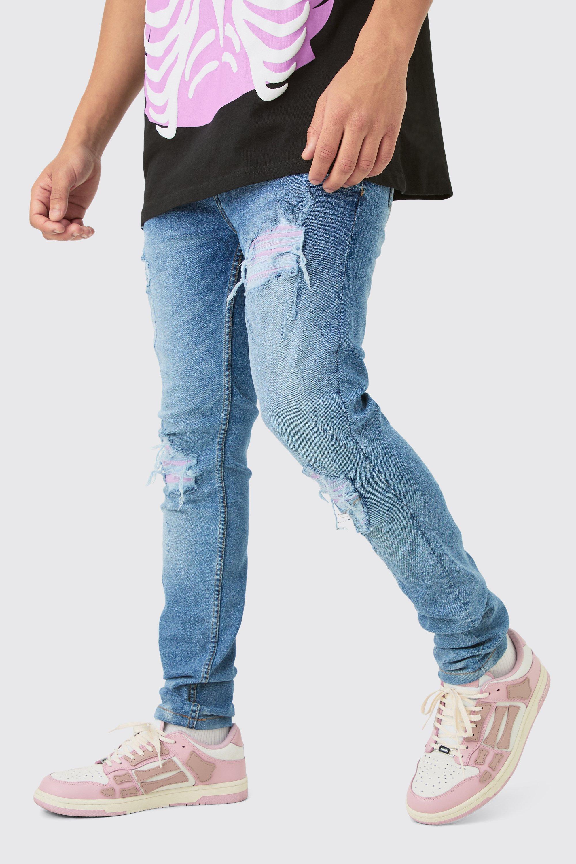Image of Skinny Stretch Lilac Pu Biker Rip & Repair Jeans, Azzurro