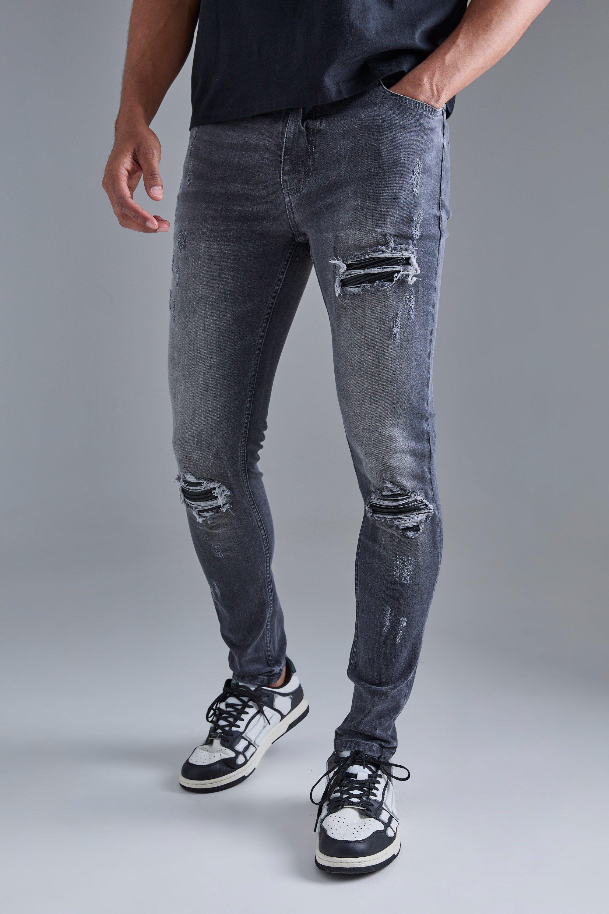 Image of Skinny Stretch Black Pu Biker Rip & Repair Jeans, Grigio