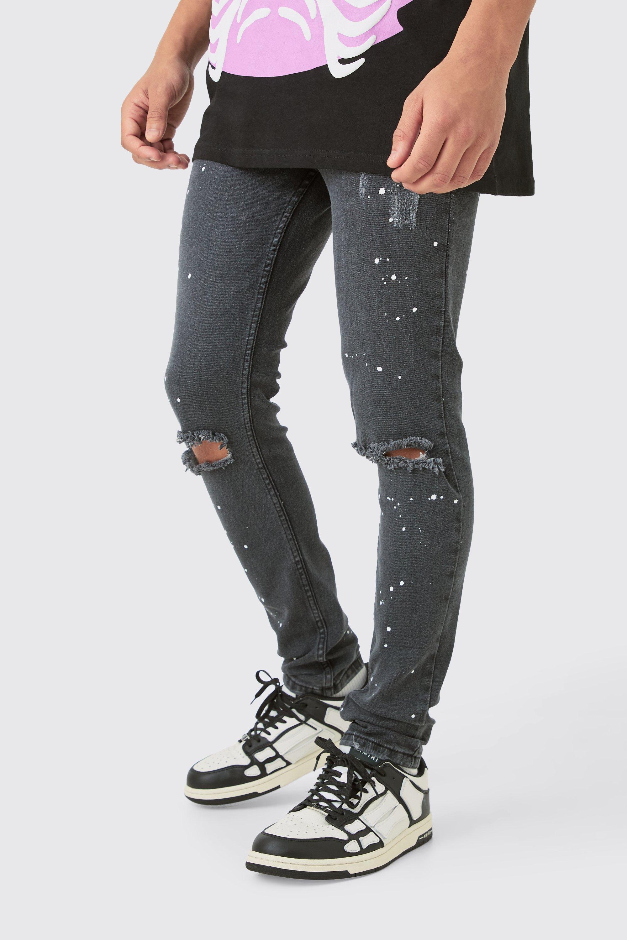 Image of Skinny Stretch Paint Splatter Ripped Jeans, Grigio
