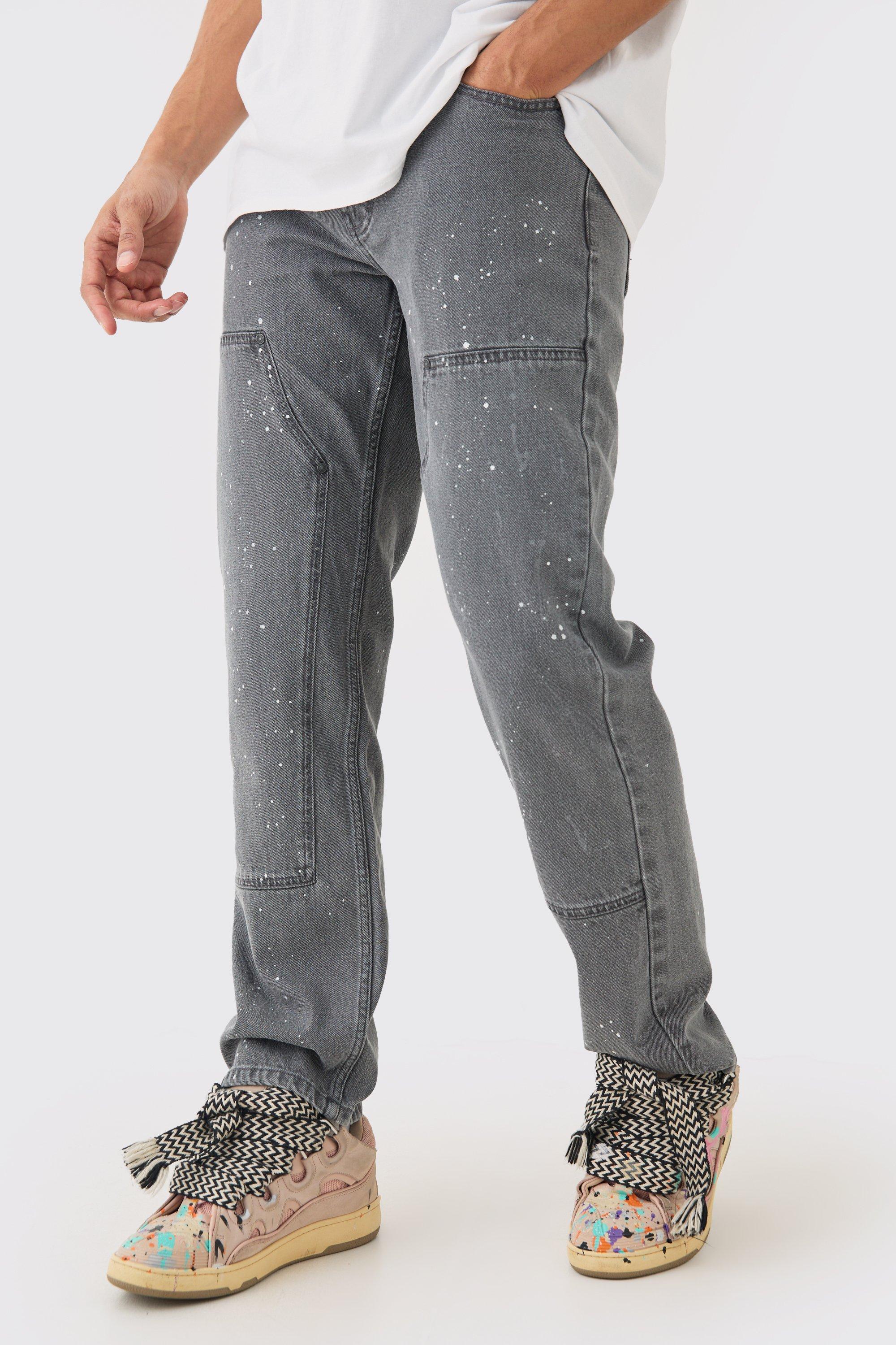 Mens Grey Relaxed Rigid Carpenter Paint Splatter Overdyed Jeans, Grey