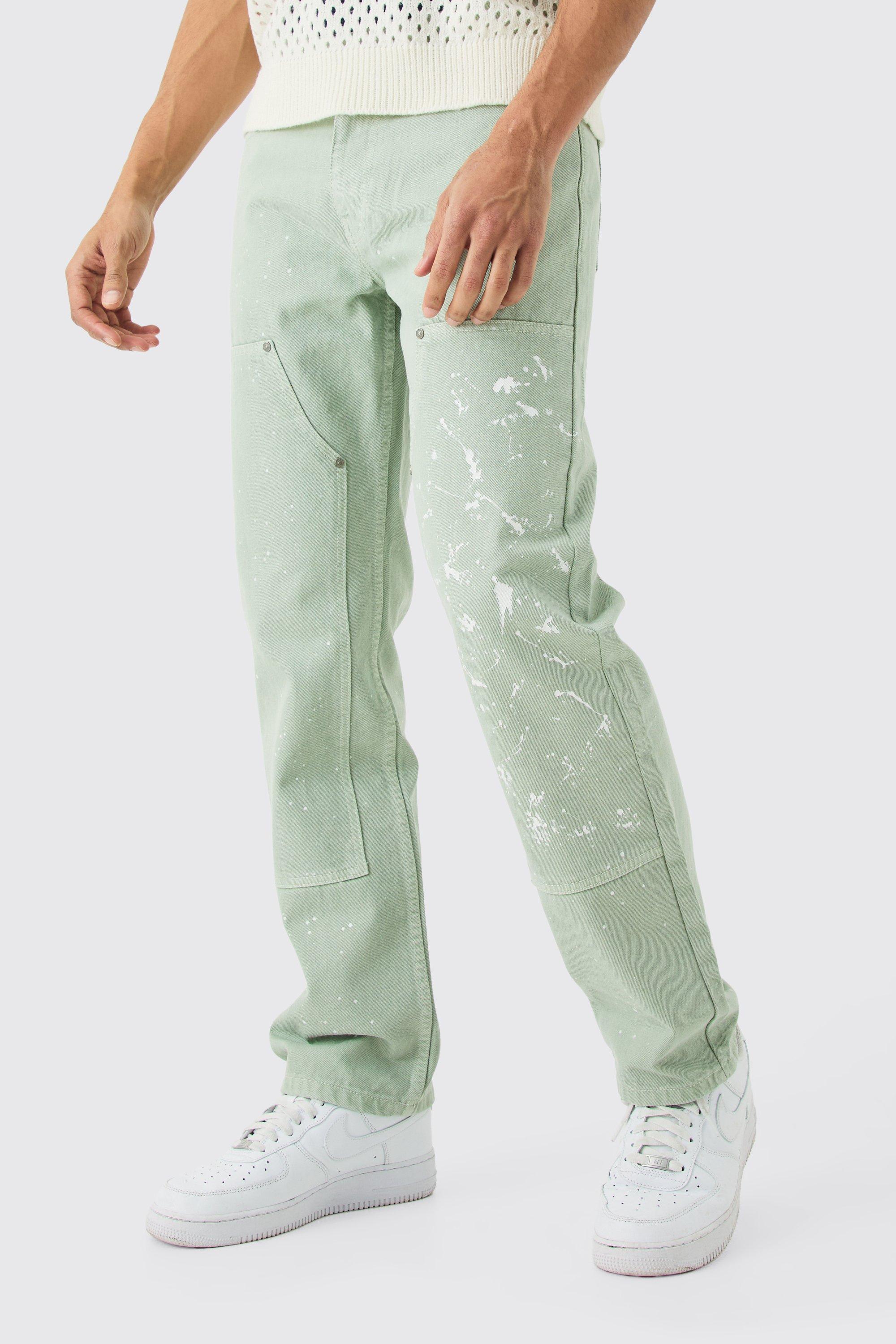 Boohoo Relaxed Rigid Carpenter Paint Splatter Overdyed Jeans, Sage