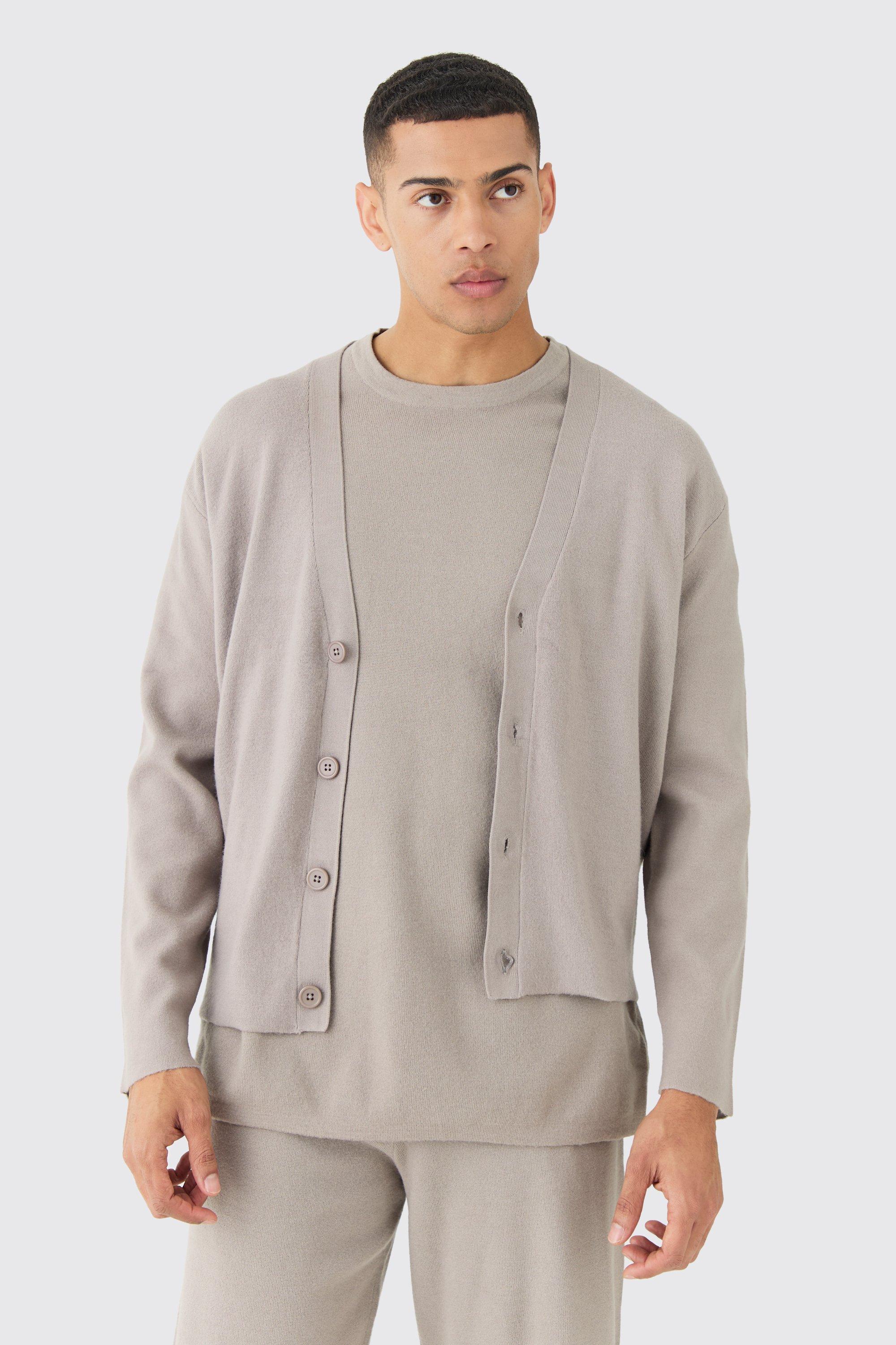 boxy fit knitted cardigan homme - gris - xl, gris