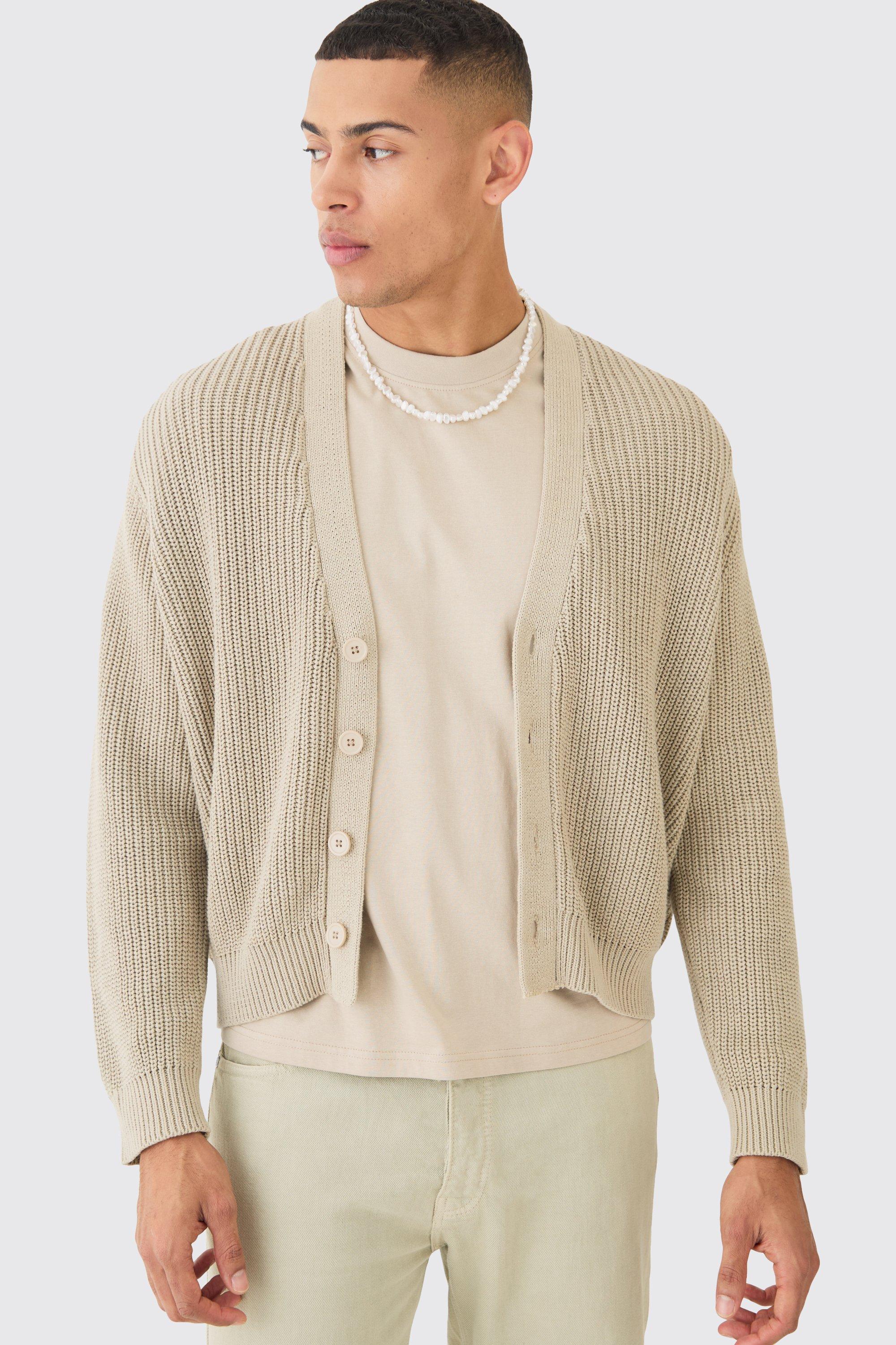 Image of Boxy Fit Ribbed Fisherman Knit Cardigan, Beige