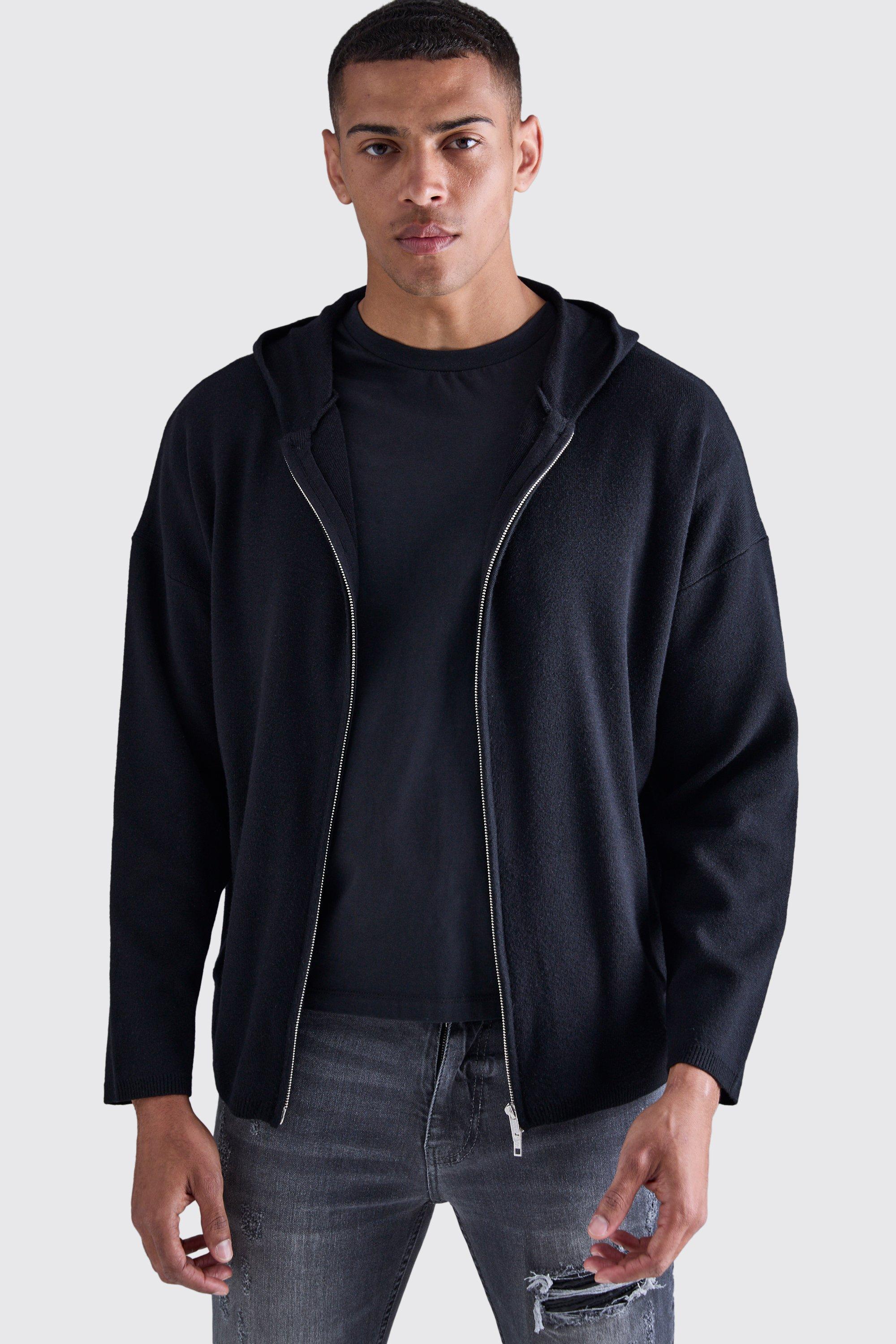 Mens Black Regular Fit Dual Zip Through Knitted Hoodie, Black