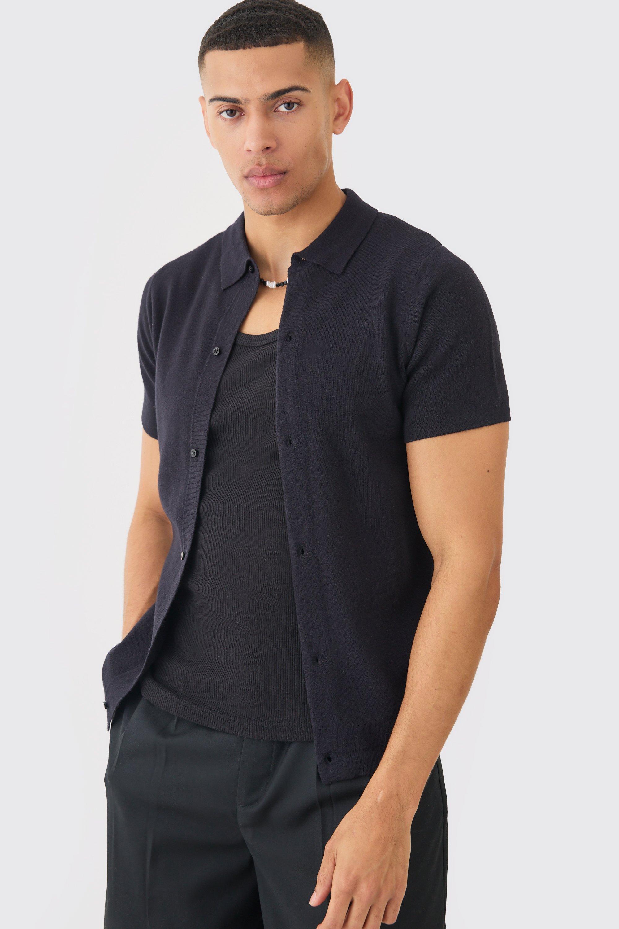 Image of Regular Fit Short Sleeve Knitted Shirt, Nero