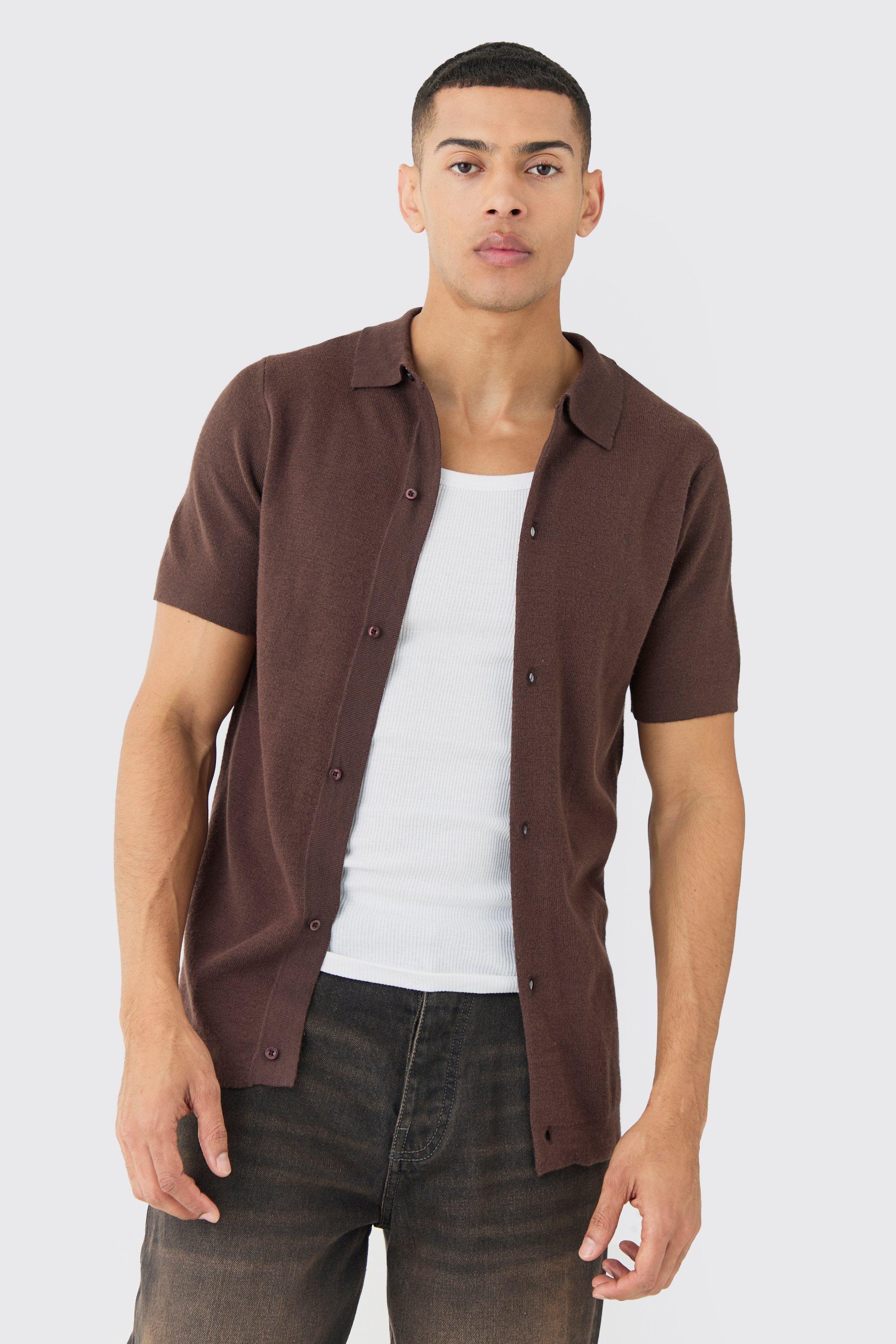 Image of Regular Fit Short Sleeve Knitted Shirt, Brown