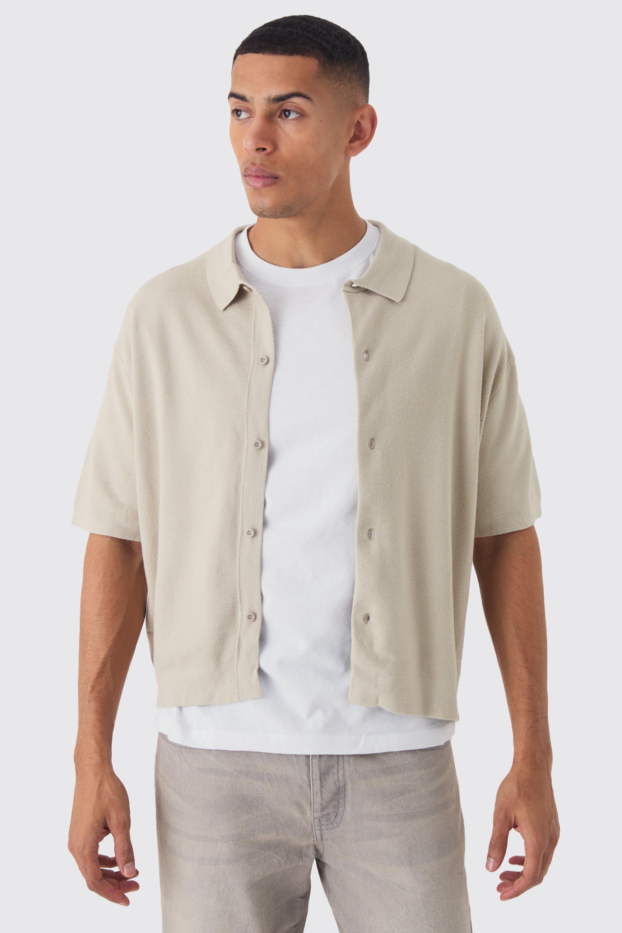 Mens Beige Oversized Boxy Fit Short Sleeve Knitted Shirt, Beige