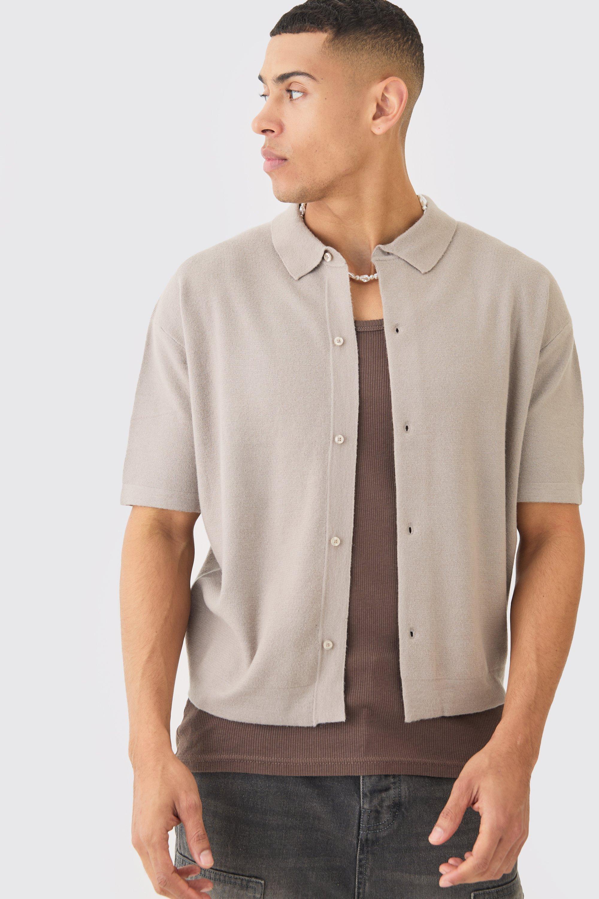 Image of Oversized Boxy Fit Short Sleeve Knitted Shirt, Grigio