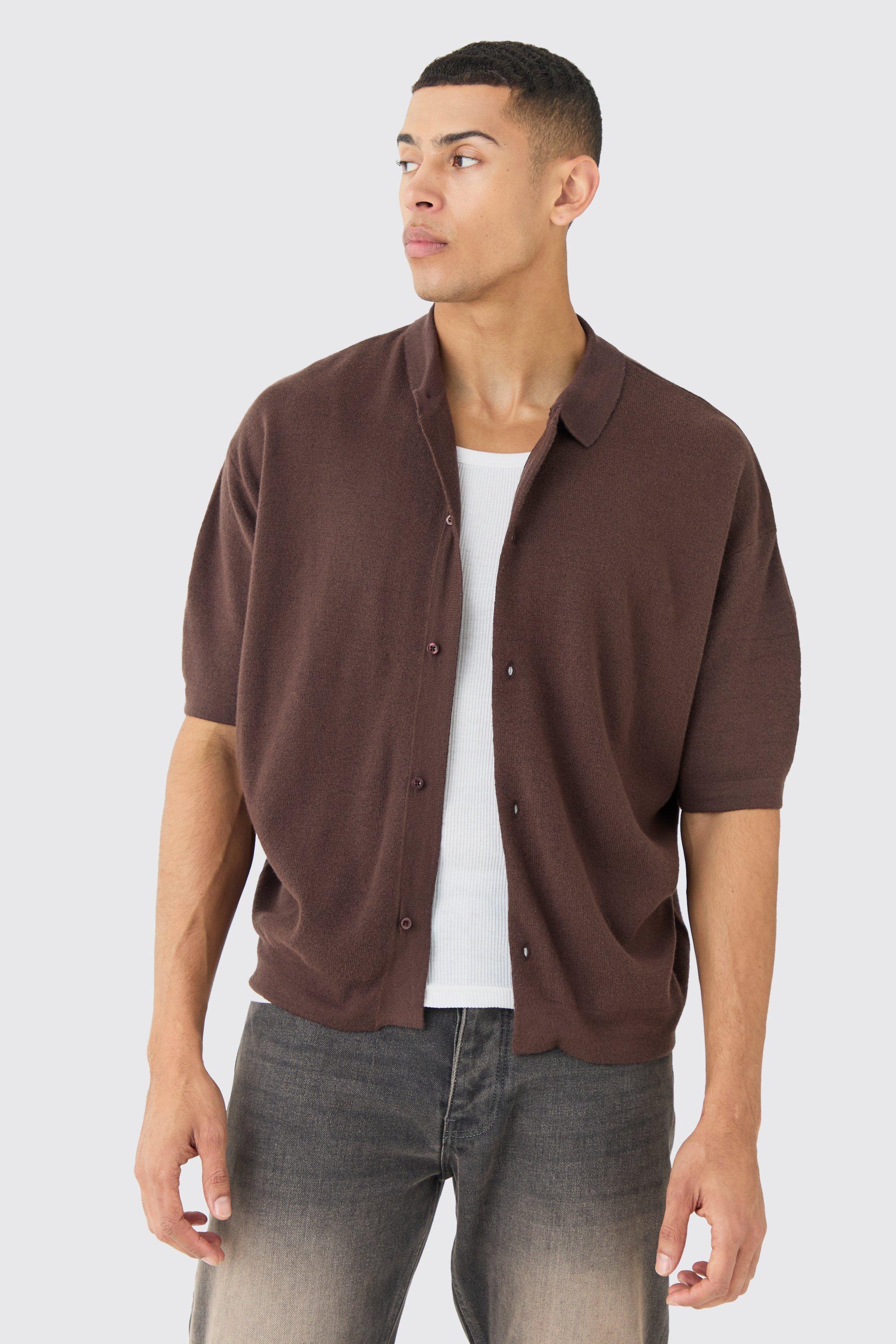 Mens Brown Oversized Boxy Fit Short Sleeve Knitted Shirt, Brown