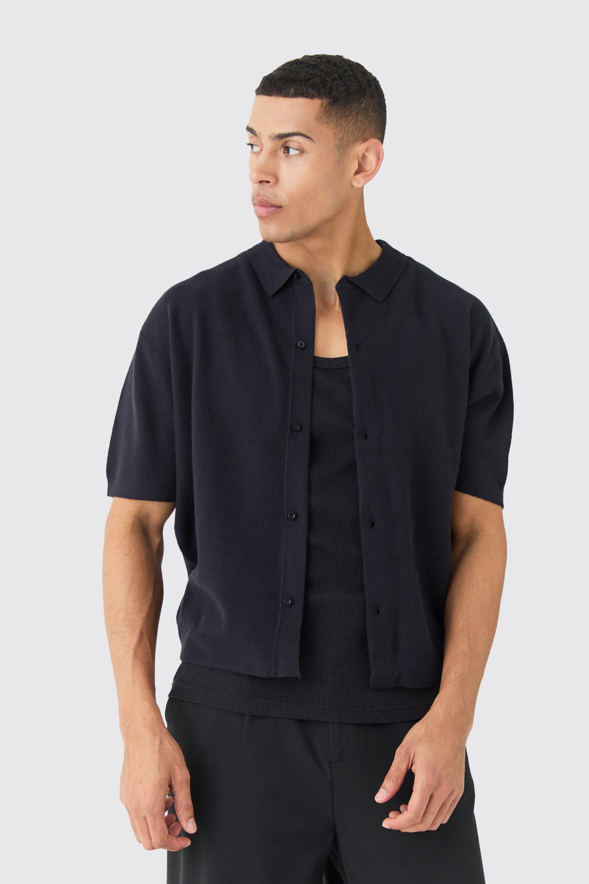 Image of Oversized Boxy Fit Short Sleeve Knitted Shirt, Nero