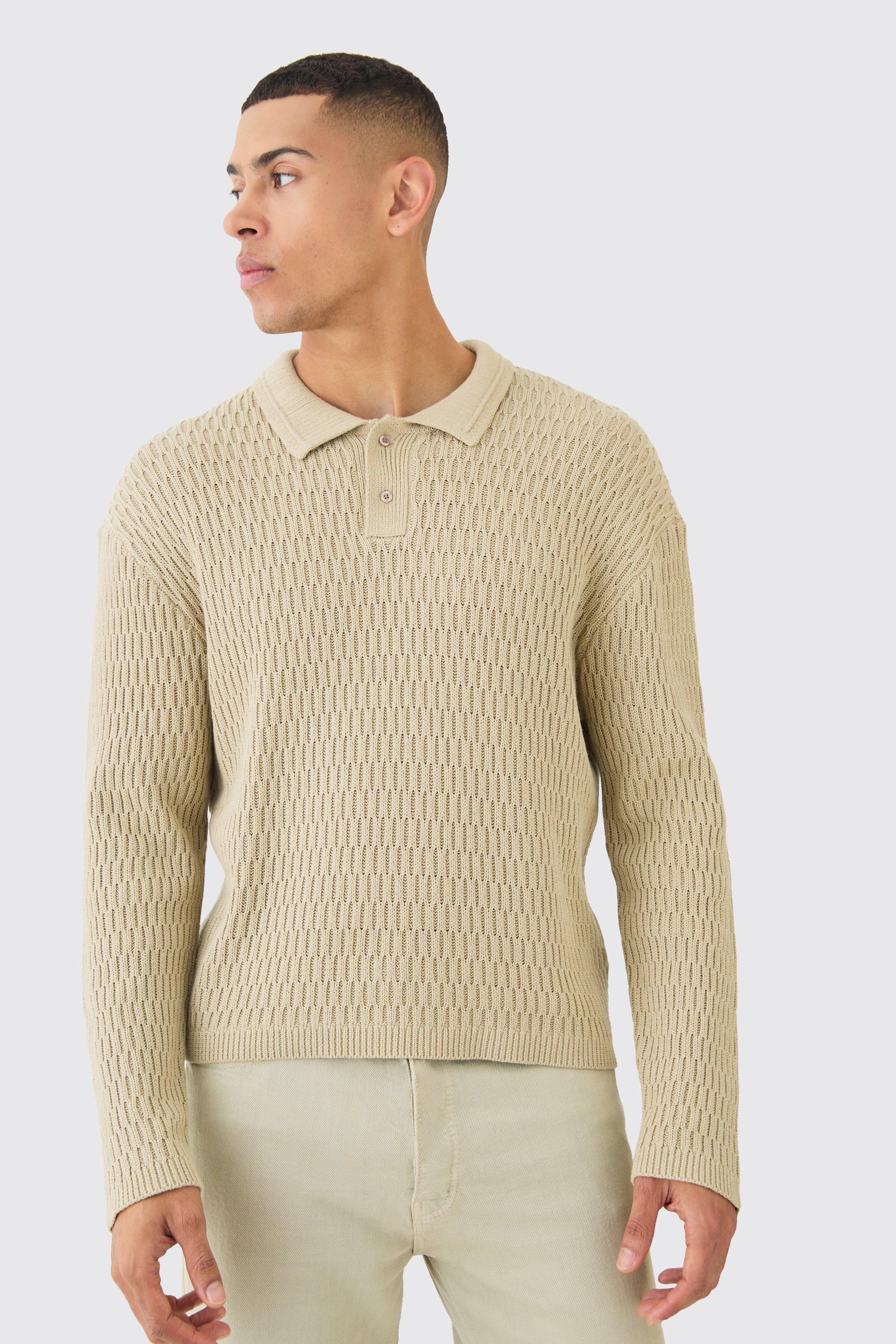 Image of Regular Long Sleeve Textured Knit Polo, Beige