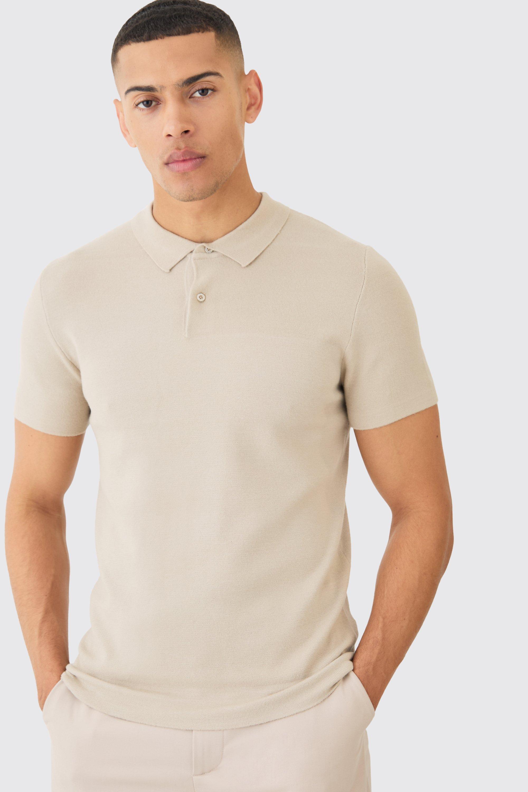 Image of Regular Fit Button Up Knitted Polo, Beige
