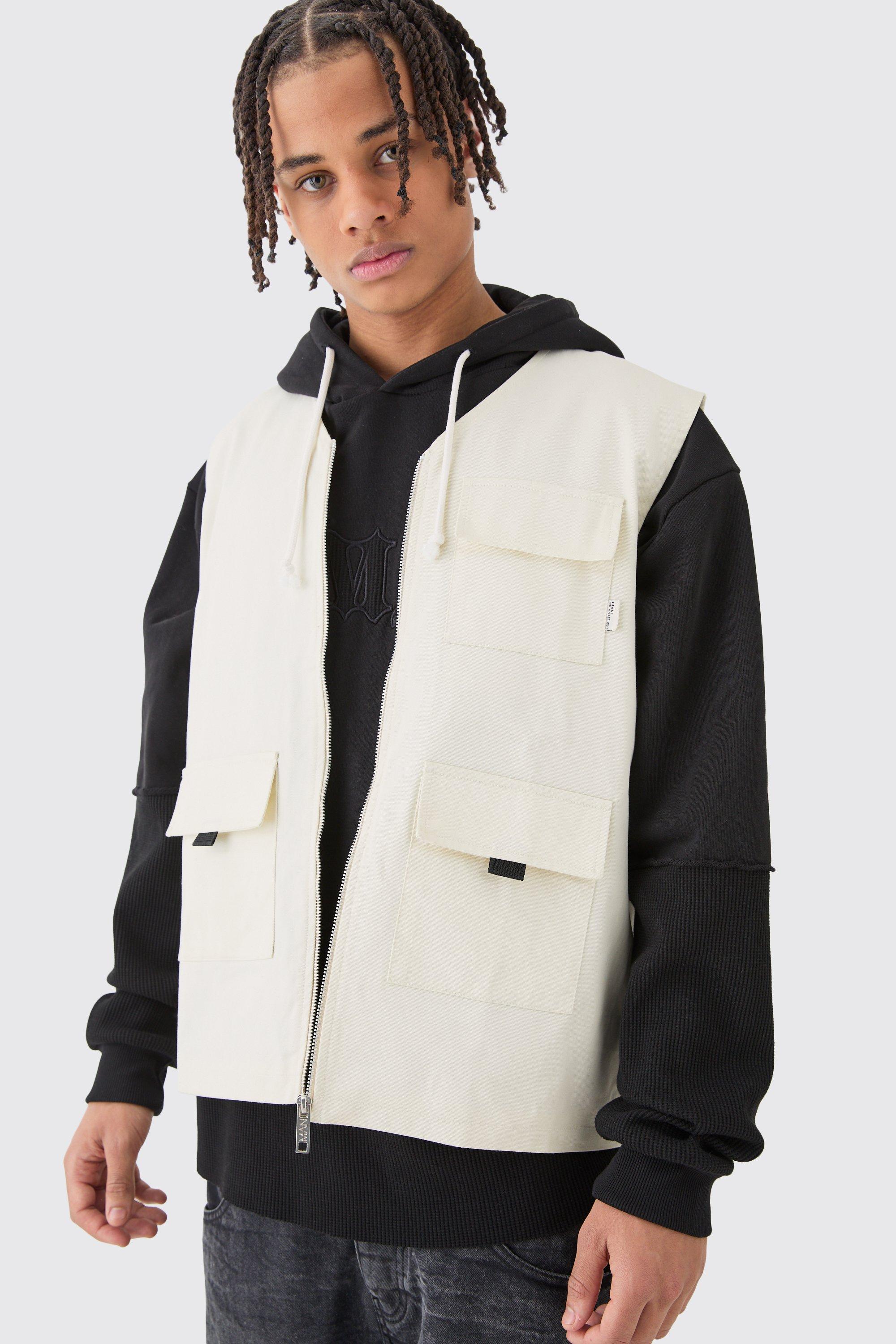 Mens Cream Twill Utility Vest In Ecru, Cream