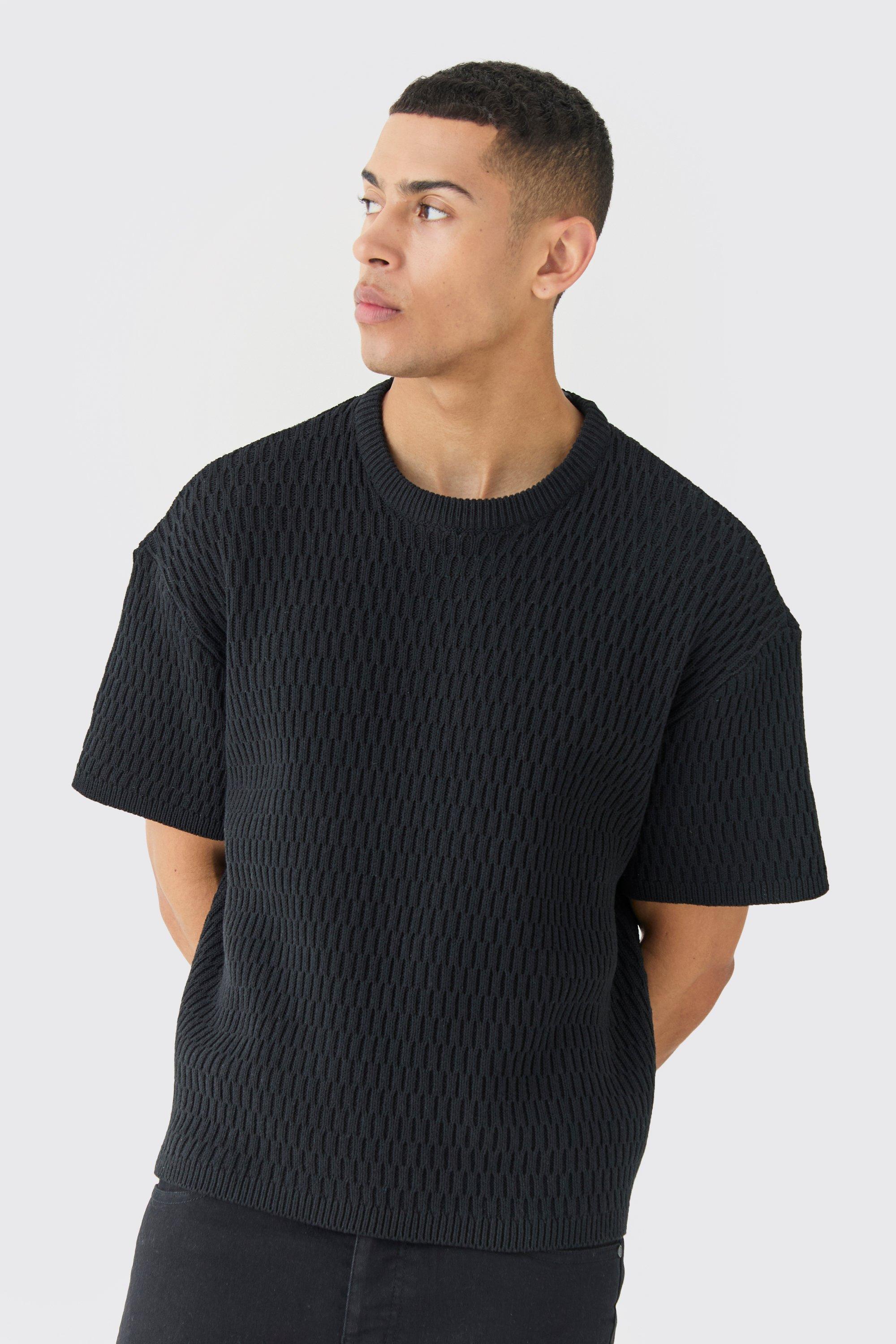 Image of Oversized Textured Open Knit T-shirt, Nero