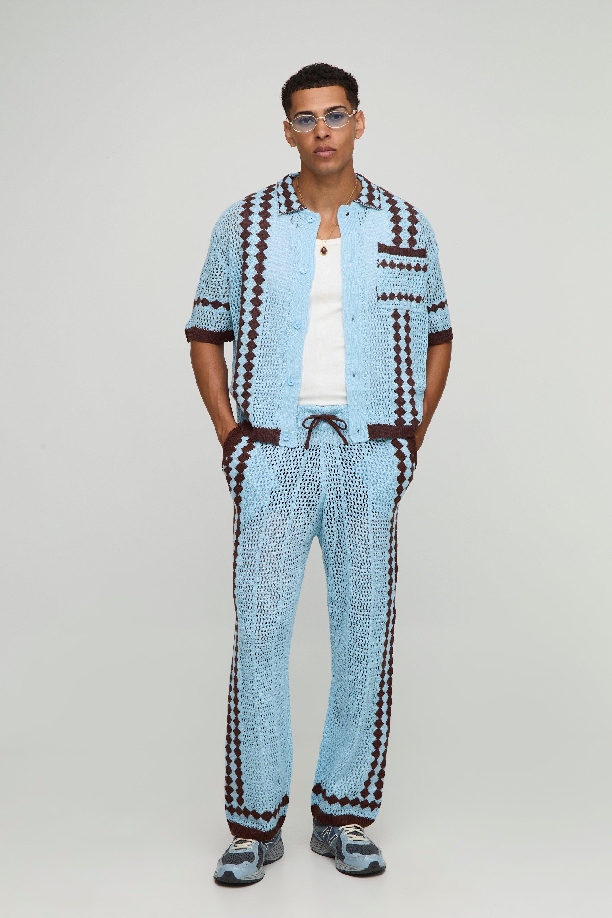 Set in maglia squadrata con pantaloni stile polo traforati, Azzurro