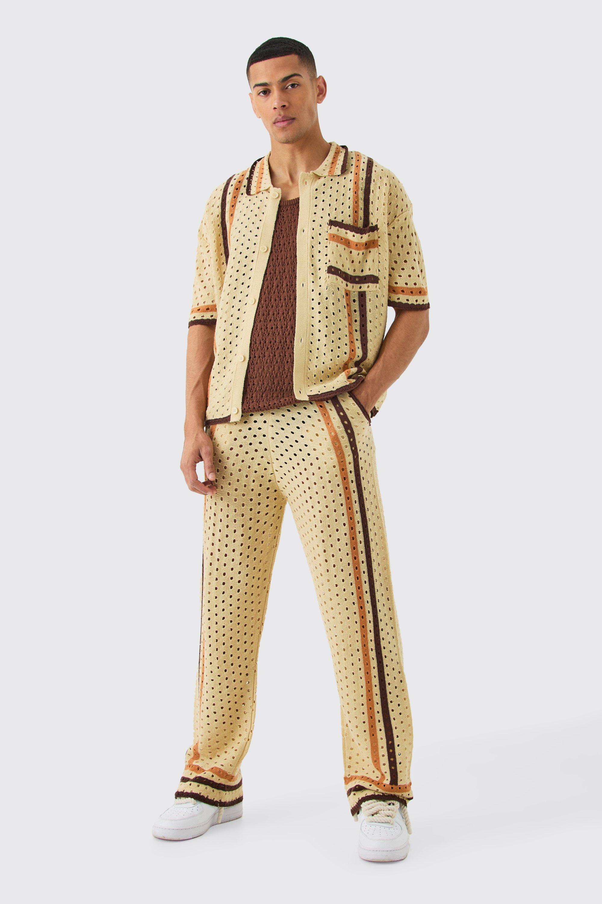 Mens Beige Boxy Open Stitch Polo Trouser Knitted Set, Beige