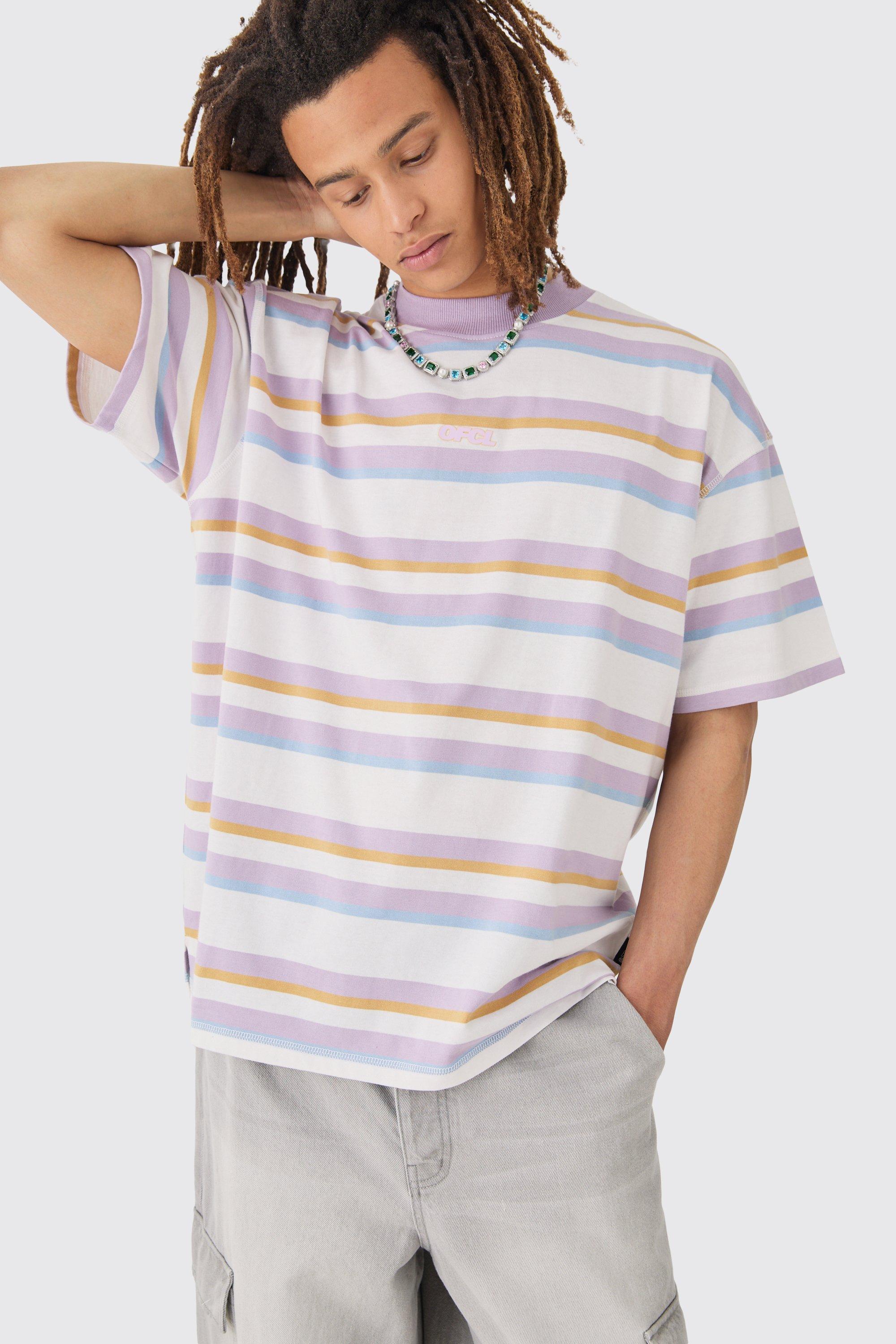 Image of T-shirt oversize Ofcl a righe pesanti con cardini, Purple