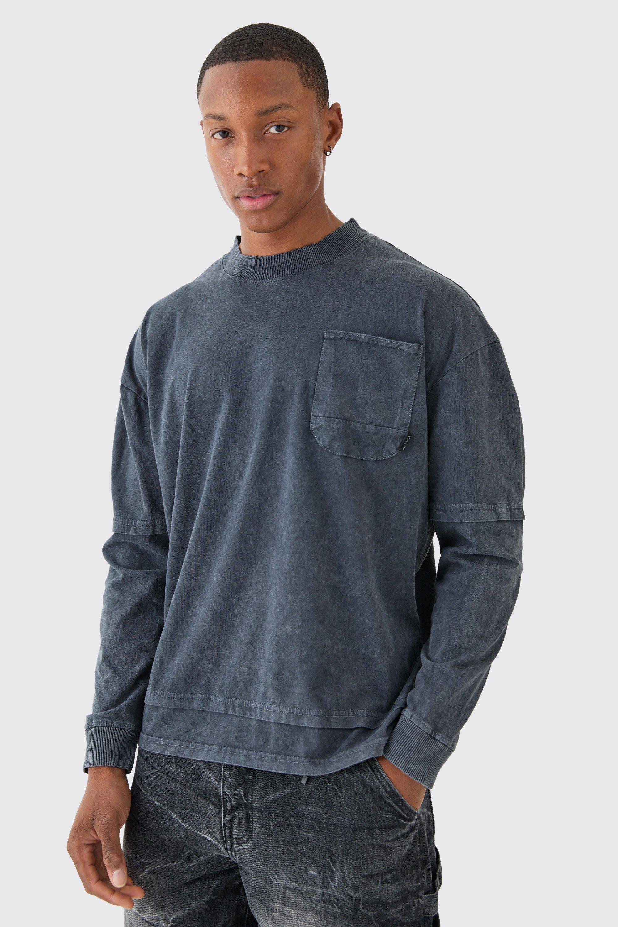 Image of Oversized Washed Carded Heavy Faux Layer T-shirt, Nero