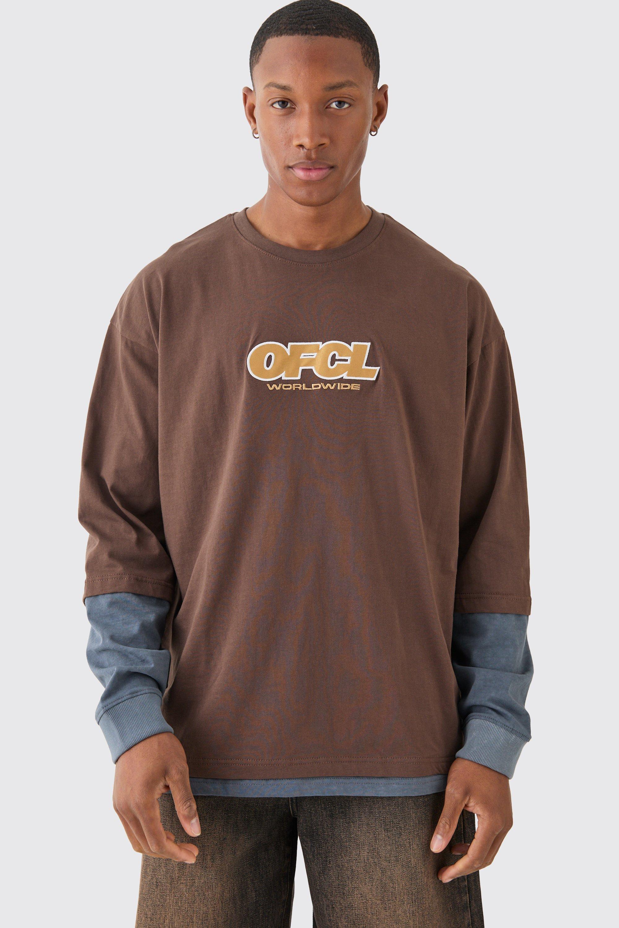 Image of Oversized Washed Carded Heavy Ofcl Faux Layer T-shirt, Brown