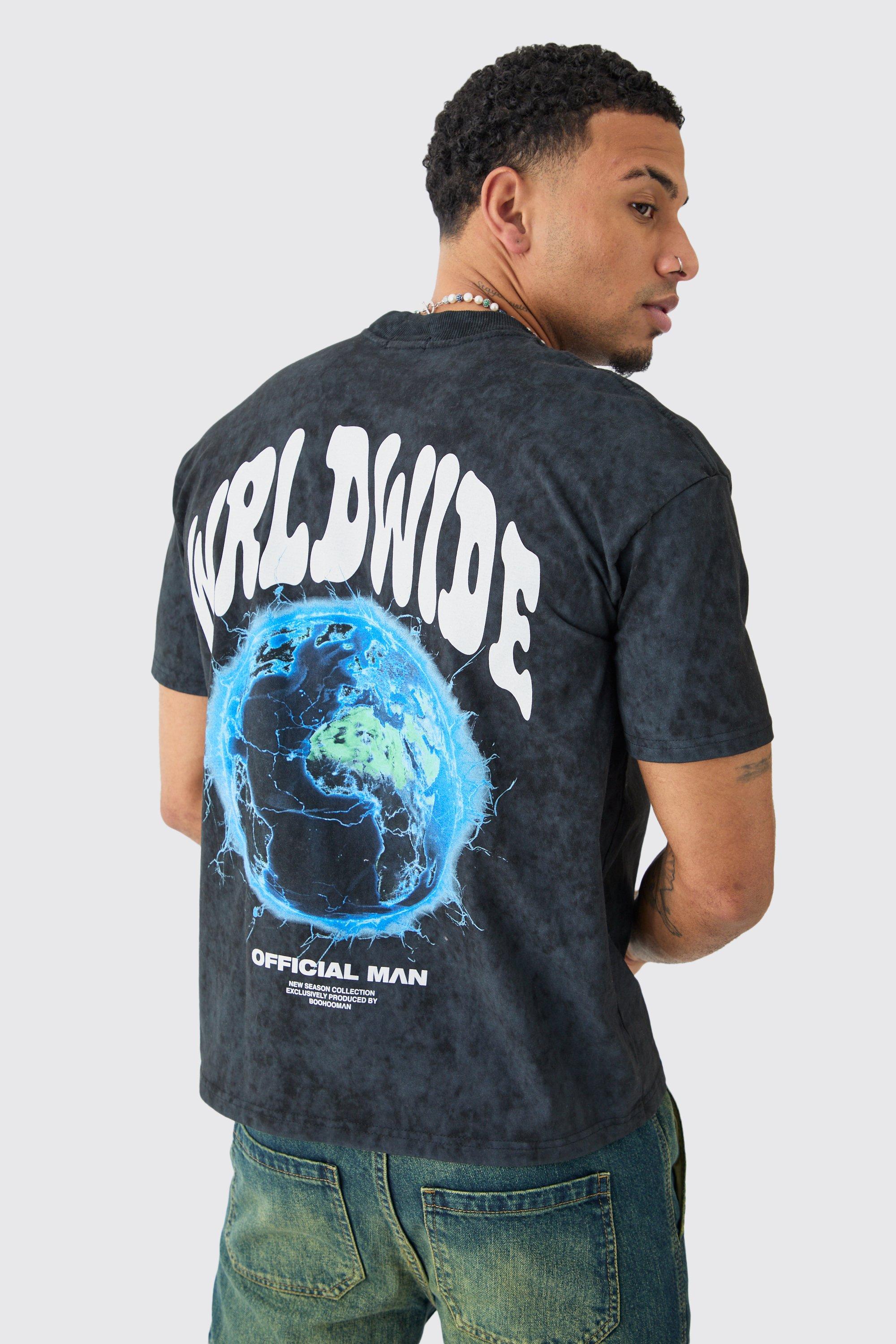 Mens Black Oversized Extended Neck Worldwide Wash T-Shirt, Black