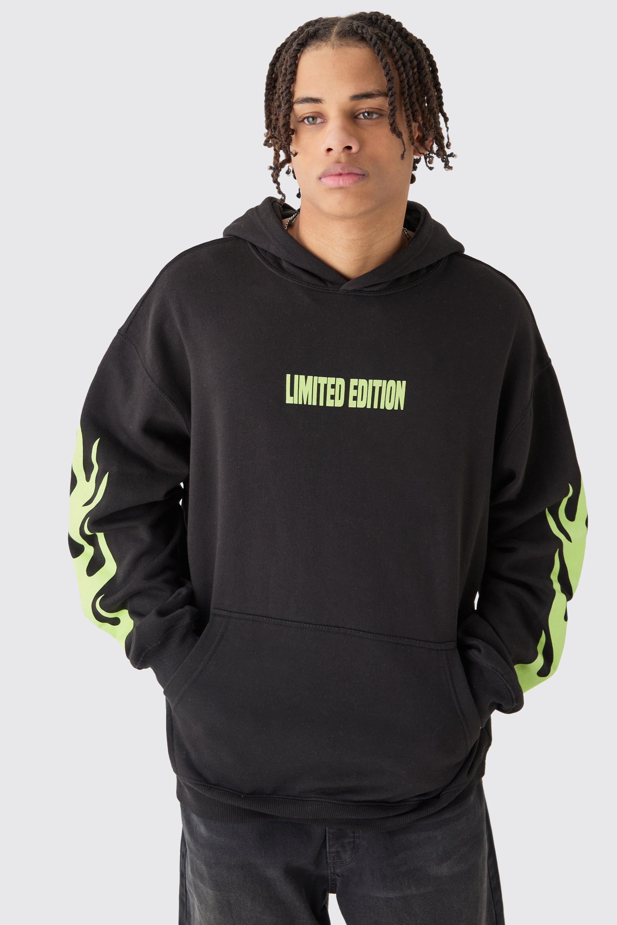 Mens Black Oversized Limited Edition Flame Hoodie, Black
