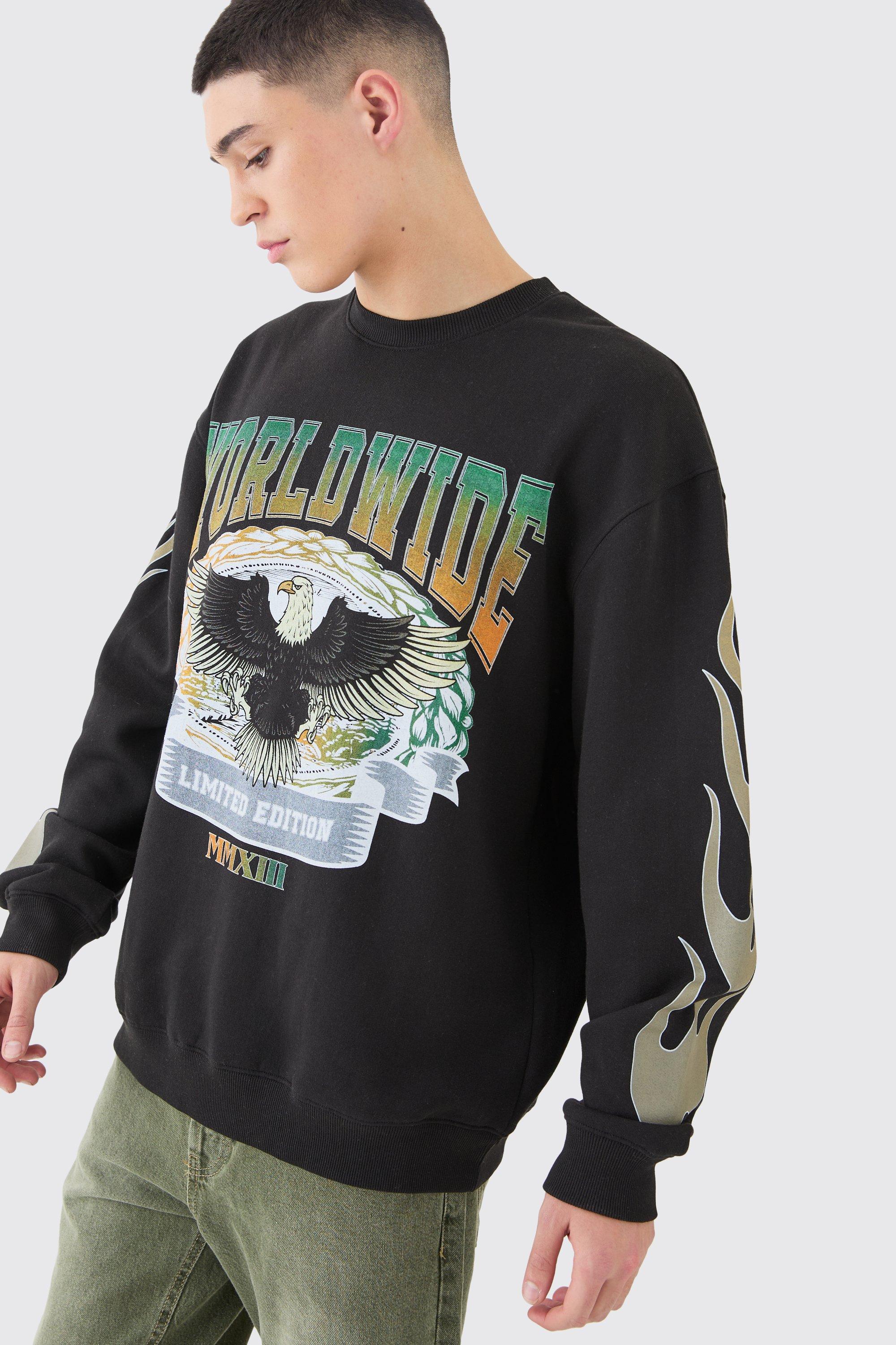 Mens Black Oversized Eagle Graphic Sweatshirt, Black