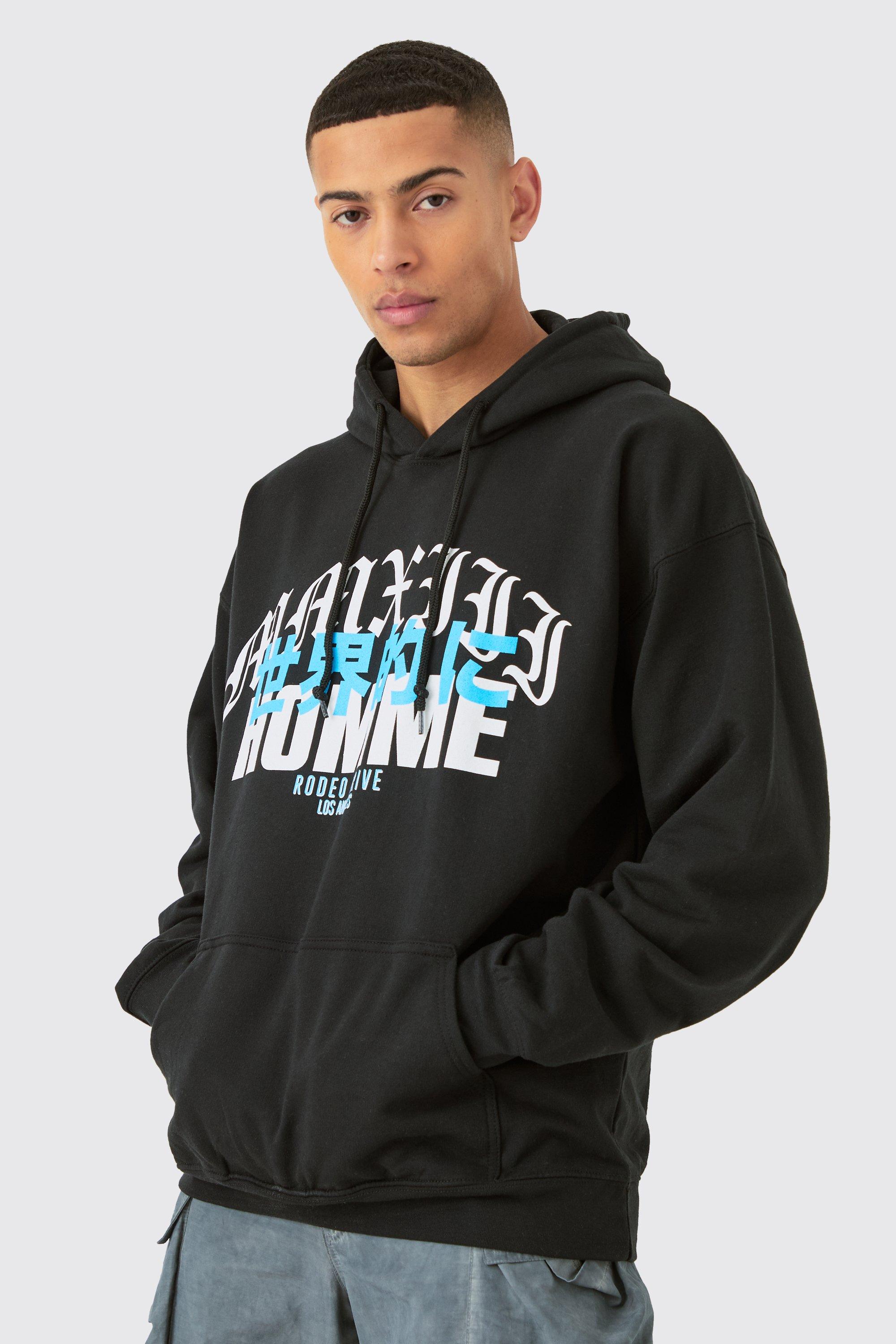 Mens Black Oversized Homme Graphic Hoodie, Black