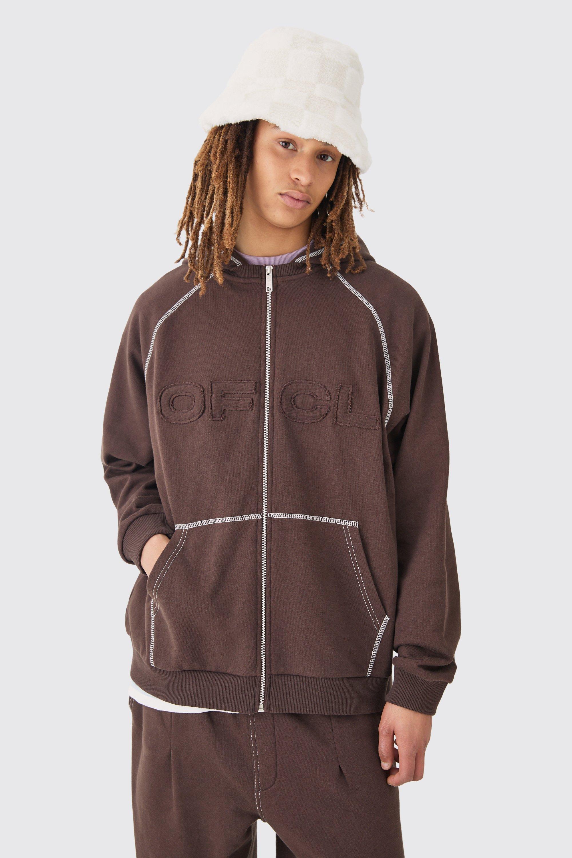 Mens Brown Oversized Heavyweight Contrast Stitch OFCL Applique Zip Thru Hoodie, Brown