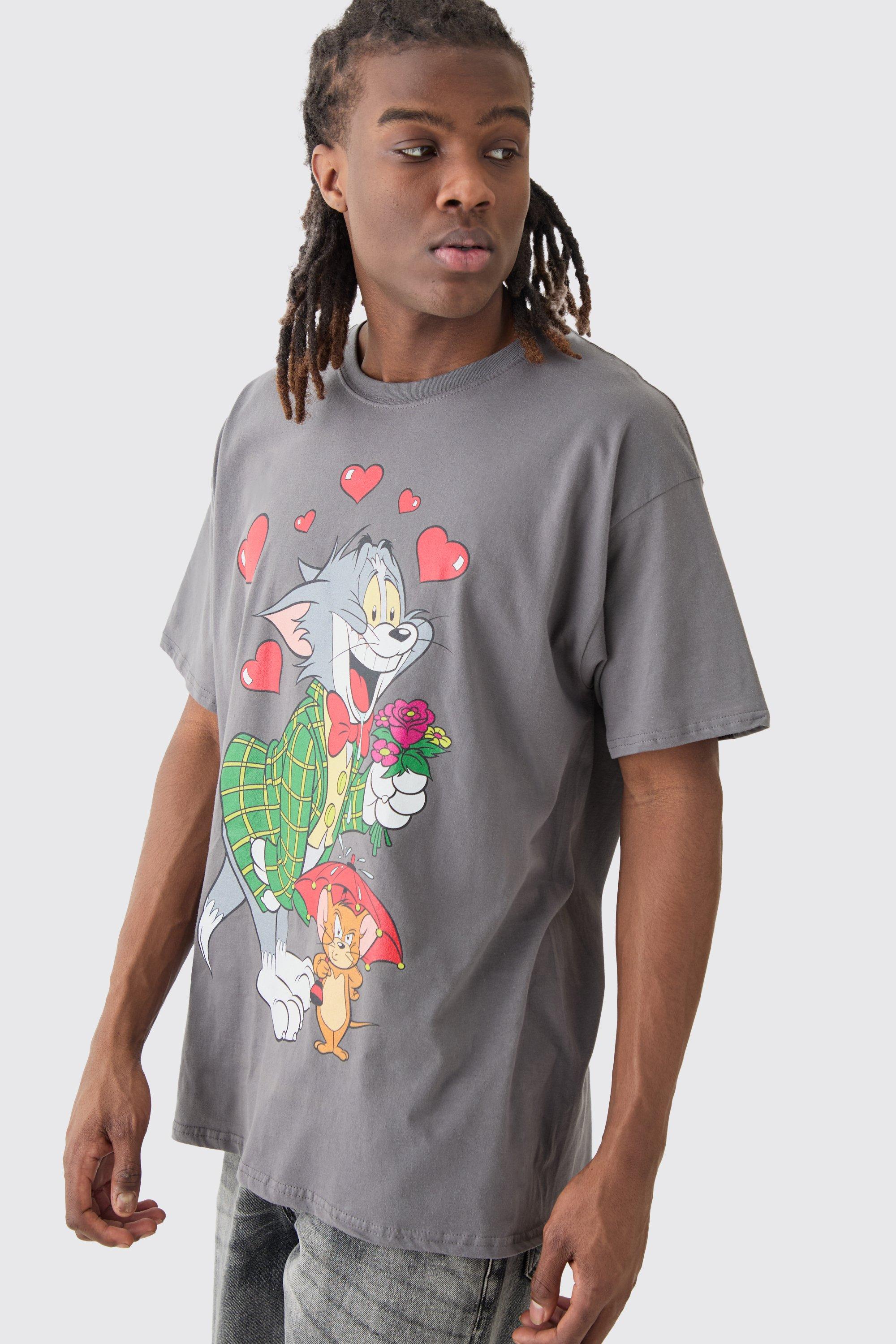 Mens Grey Oversized Tom And Jerry Hearts License T-shirt, Grey