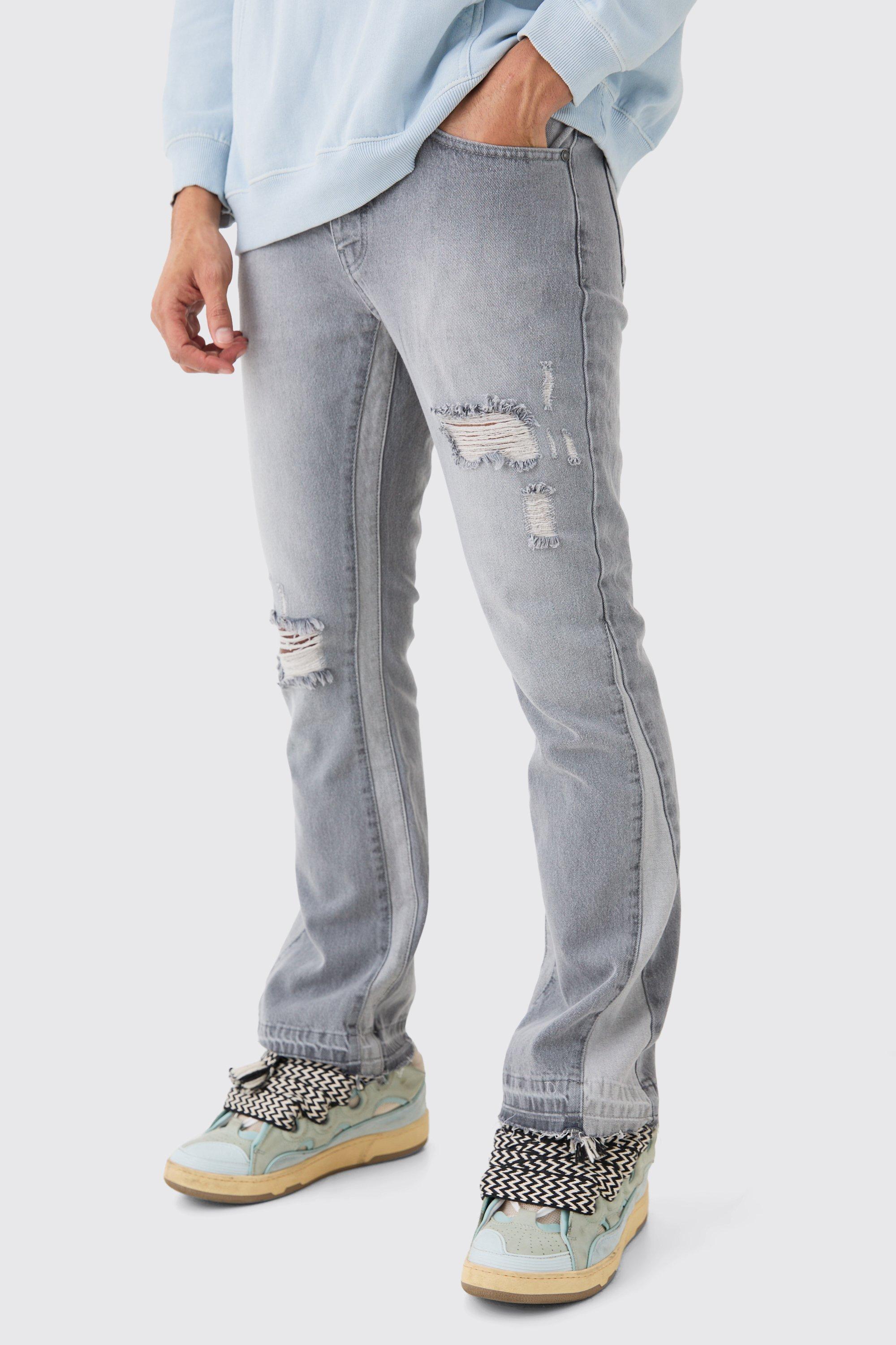Mens Grey Slim Flare Distressed Panel Jeans, Grey